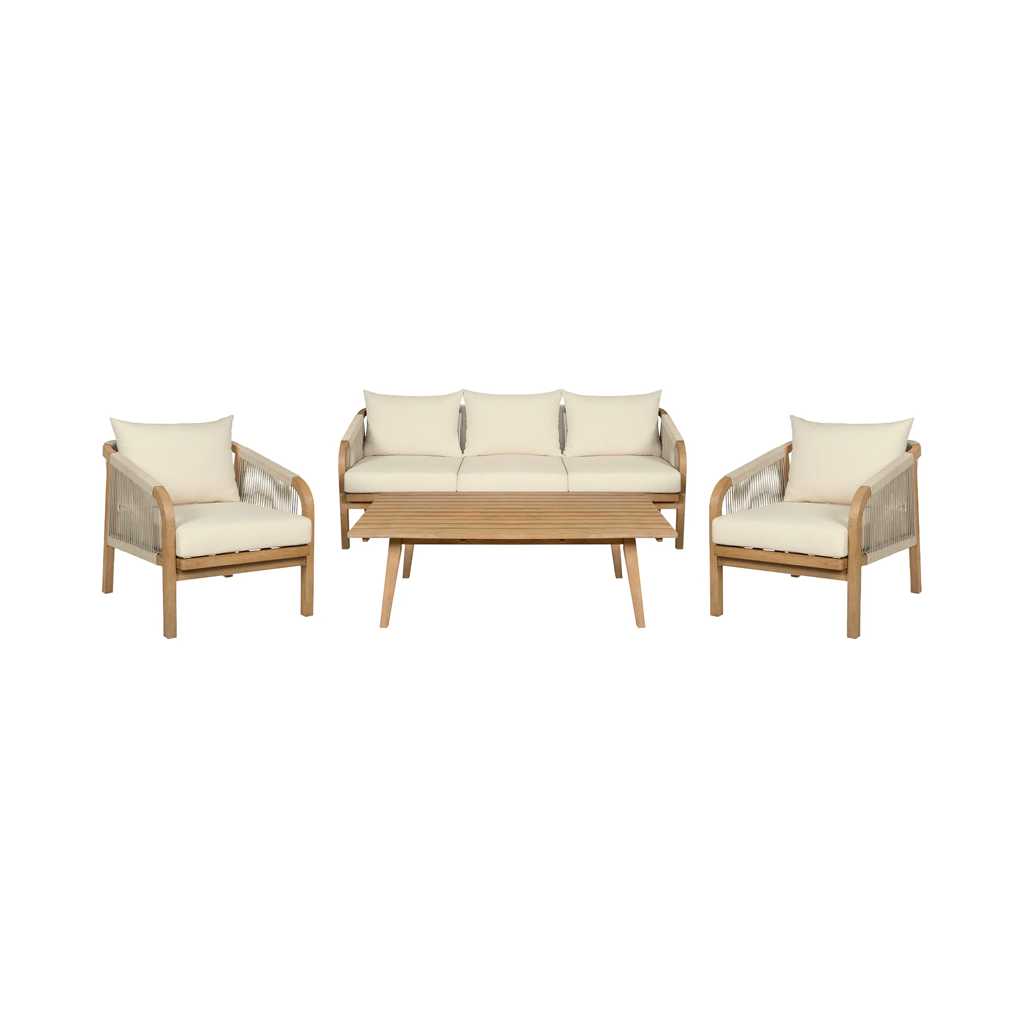 Cypress Outdoor Patio 4 Piece Conversation Set in Blonde Eucalyptus Wood and Light Gray Rope with Ivory Olefin Cushions By Armen Living - Image 3