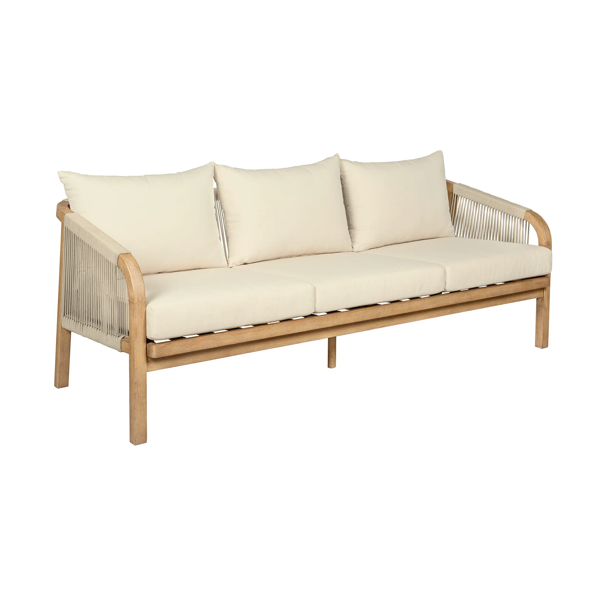 Cypress Outdoor Patio 4 Piece Conversation Set in Blonde Eucalyptus Wood and Light Gray Rope with Ivory Olefin Cushions By Armen Living - Image 4