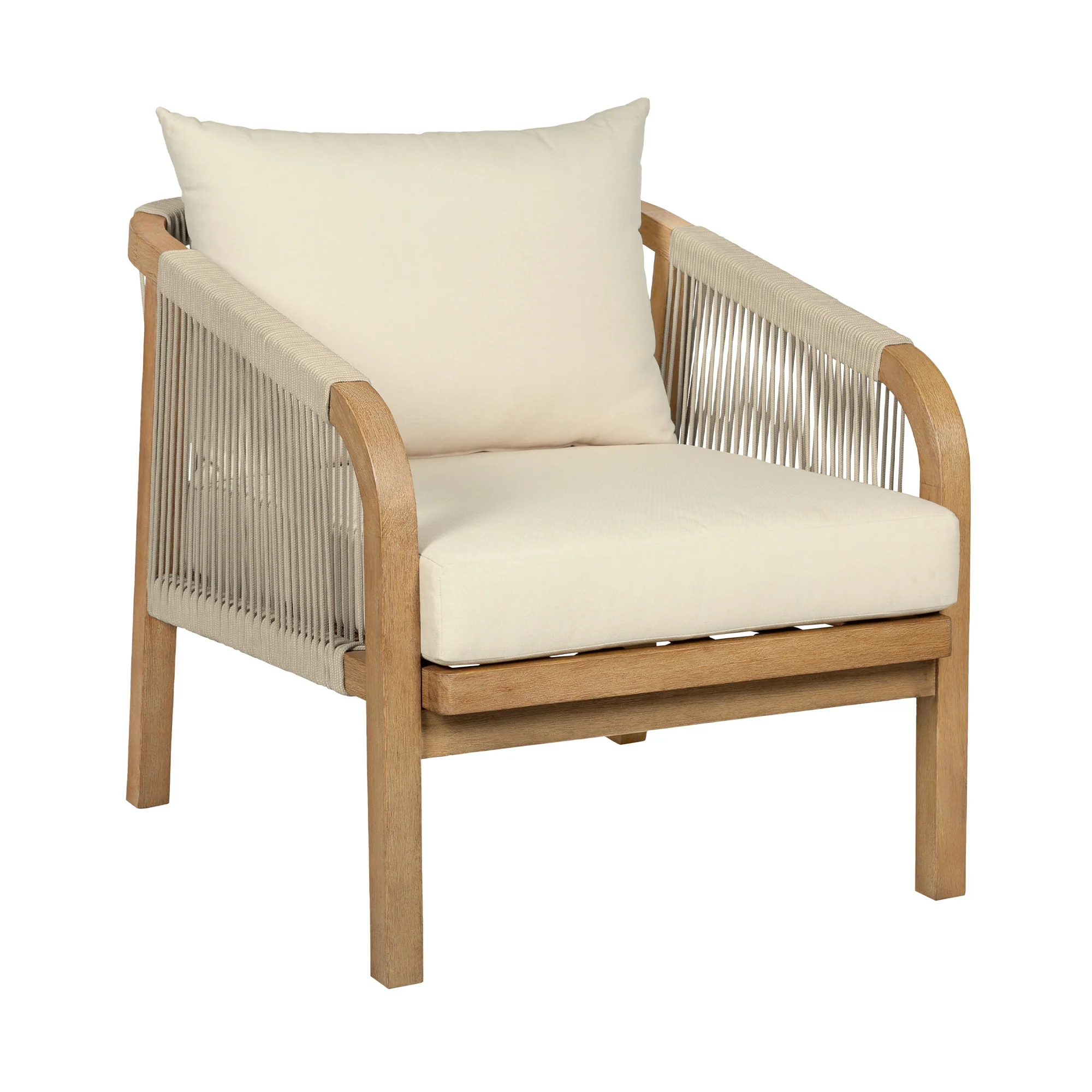Cypress Outdoor Patio 4 Piece Conversation Set in Blonde Eucalyptus Wood and Light Gray Rope with Ivory Olefin Cushions By Armen Living - Image 6
