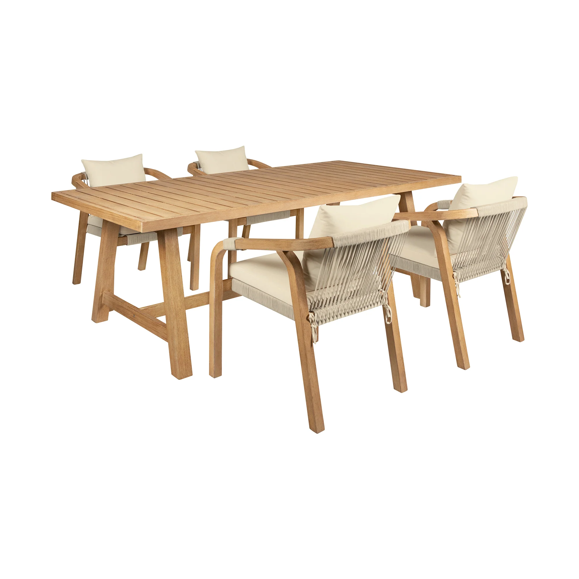 Cypress Outdoor Patio 5 Piece Dining Set in Blonde Eucalyptus Wood and Light Gray Rope with Ivory Olefin Cushions By Armen Living - Image 2