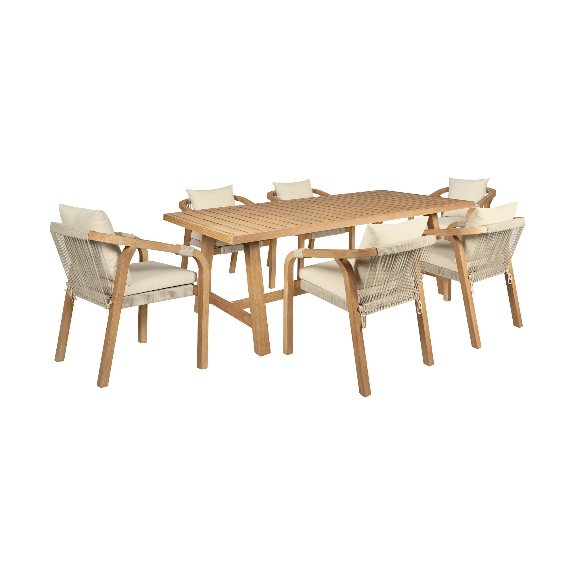 Cypress Outdoor Patio 7 Piece Dining Set in Blonde Eucalyptus Wood and Light Gray Rope with Ivory Olefin Cushions By Armen Living - Image 2