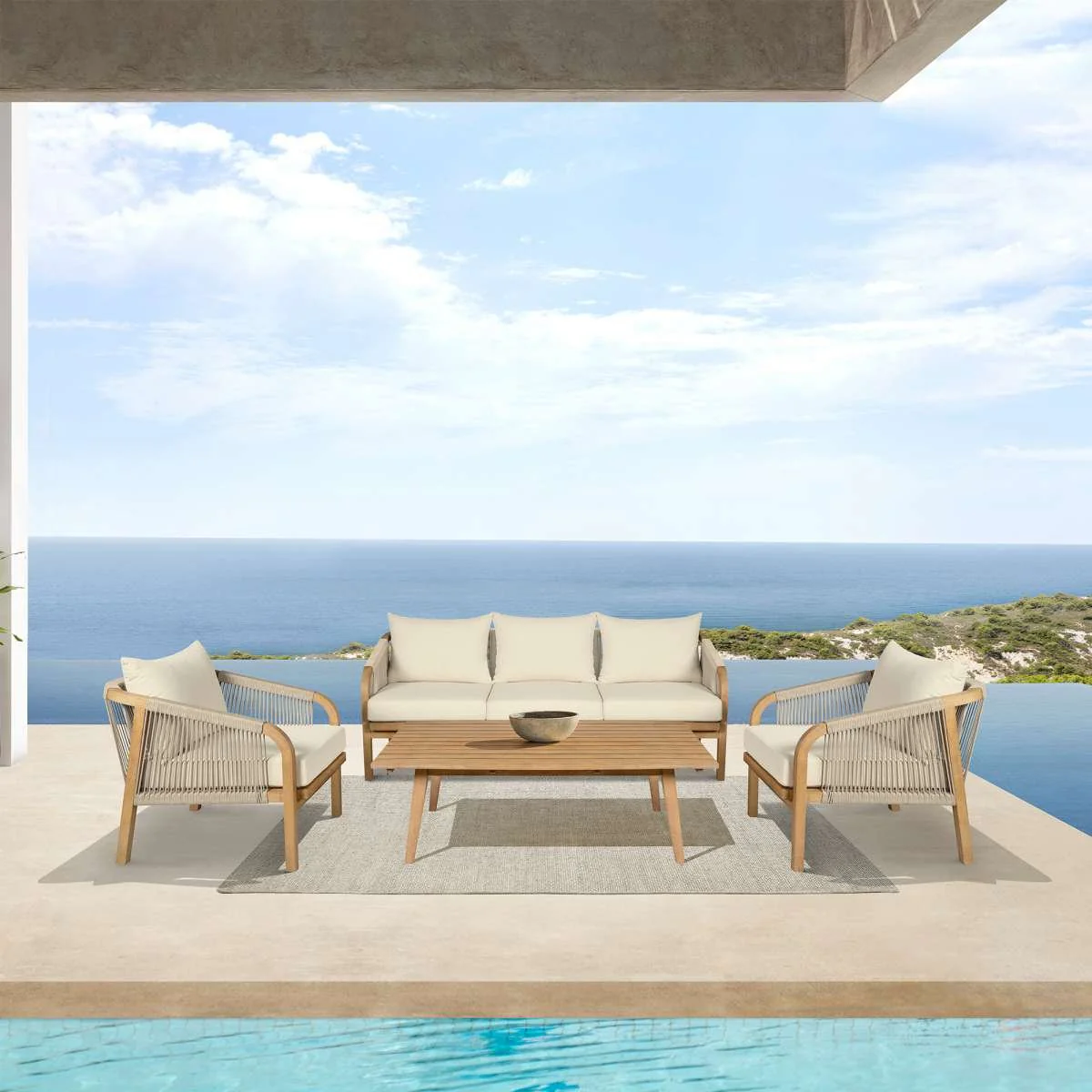Cypress Outdoor Patio Chair in Blonde Eucalyptus Wood and Light Gray Rope with Ivory Olefin Cushions By Armen Living - Image 2