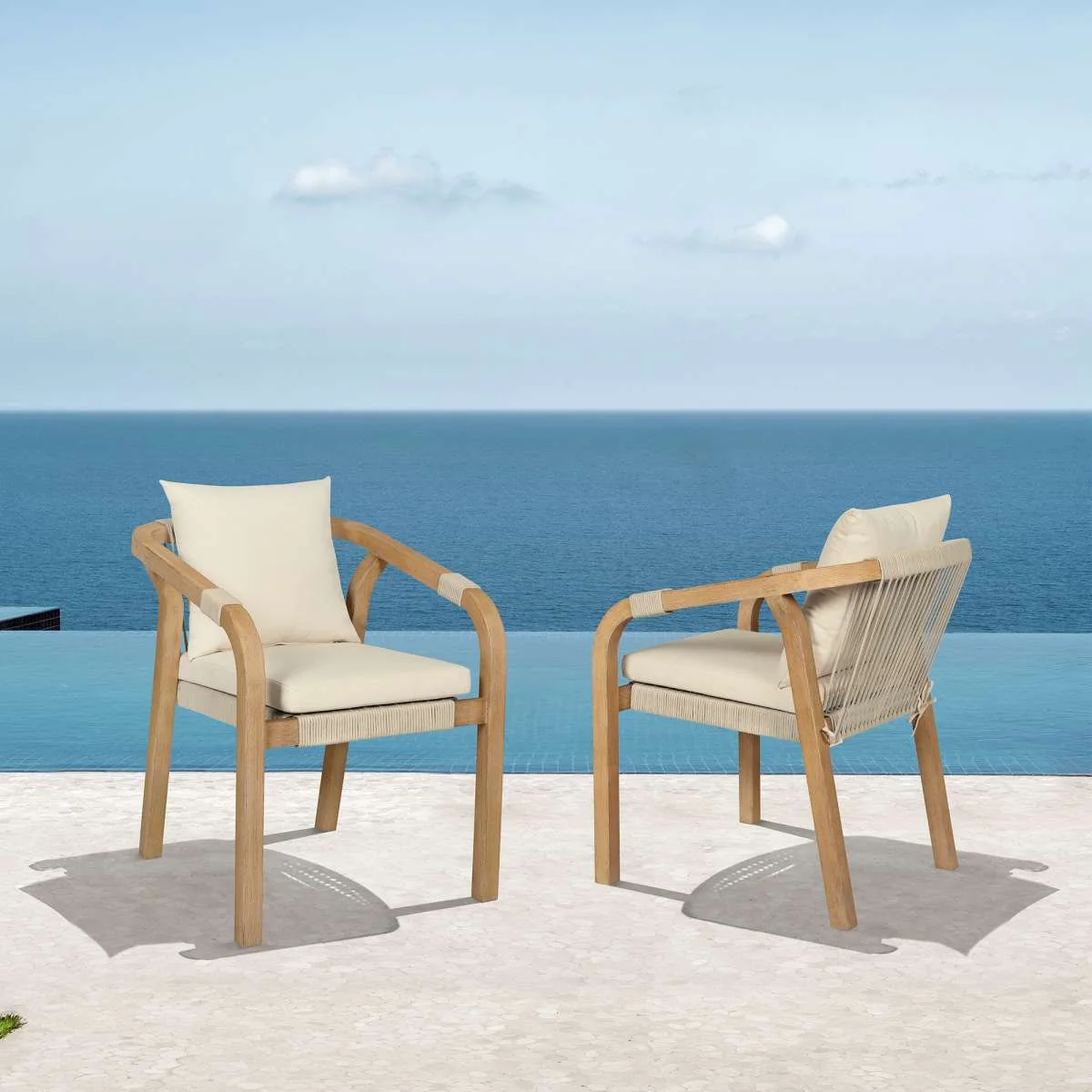 Cypress Outdoor Patio Dining Chair in Blonde Eucalyptus Wood and Light Gray Rope with Ivory Cushions - Set of 2 By Armen Living - Image 2