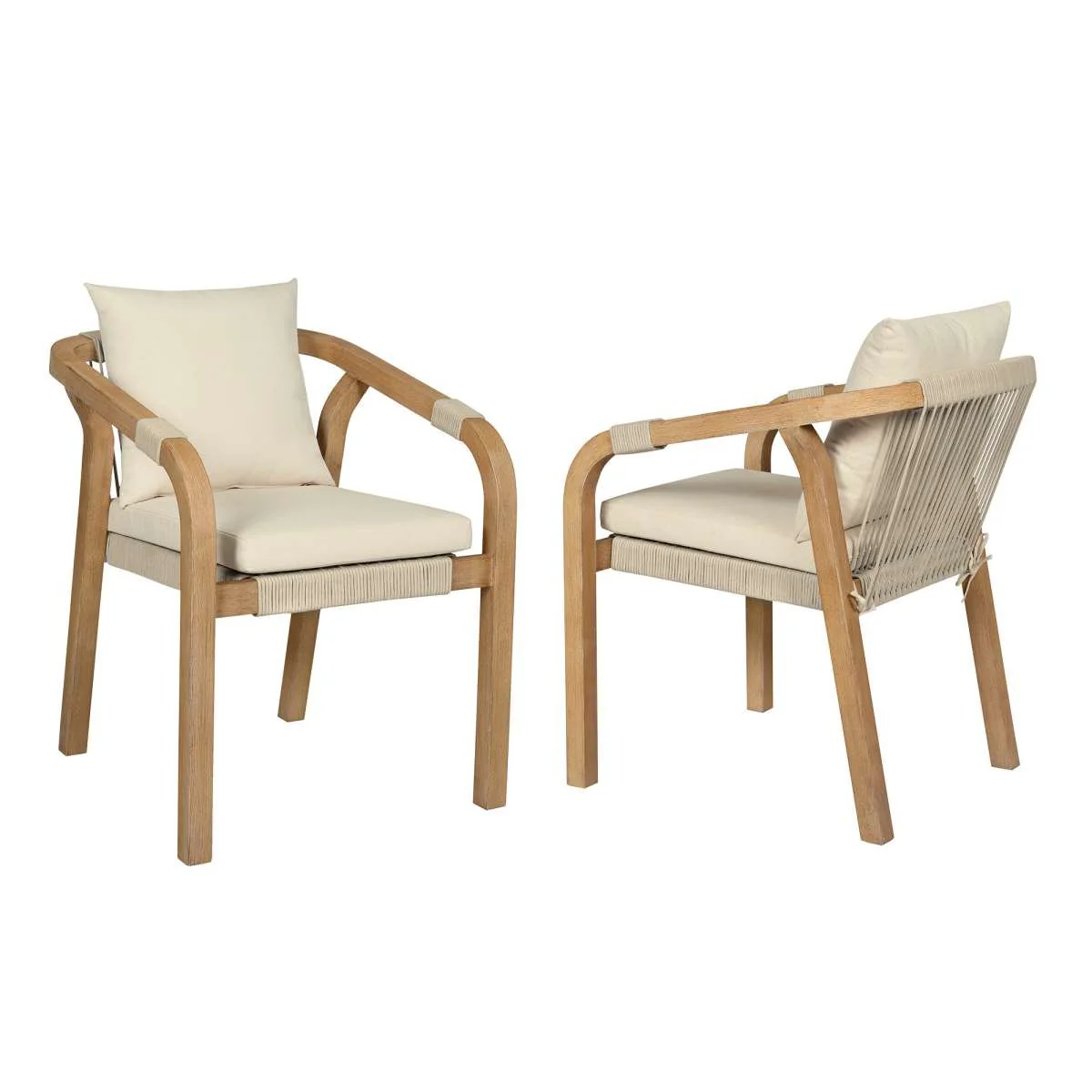 Cypress Outdoor Patio Dining Chair in Blonde Eucalyptus Wood and Light Gray Rope with Ivory Cushions - Set of 2 By Armen Living - Image 3