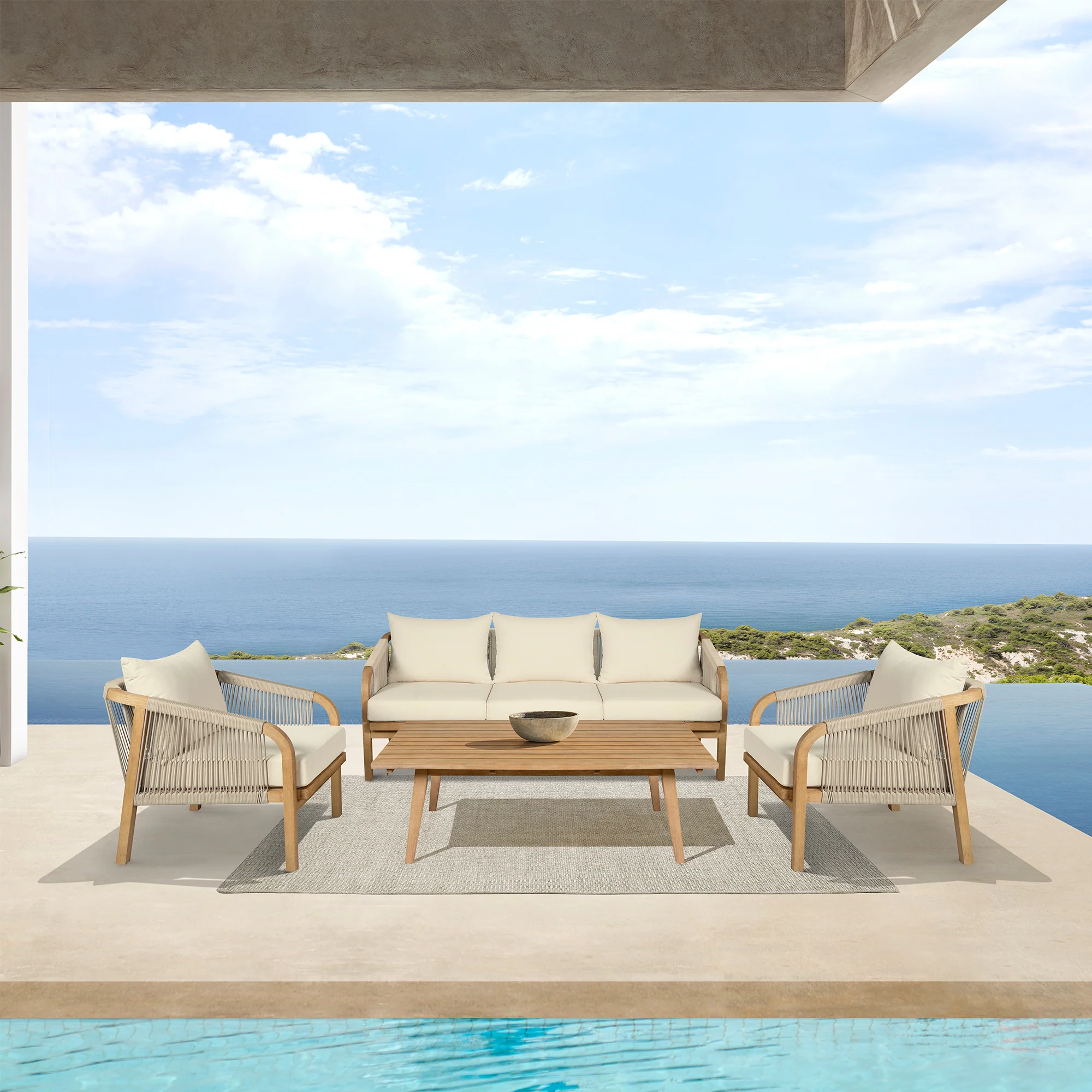 Cypress Outdoor Patio Sofa in Blonde Eucalyptus Wood and Light Gray Rope with Ivory Olefin Cushions By Armen Living - Image 2