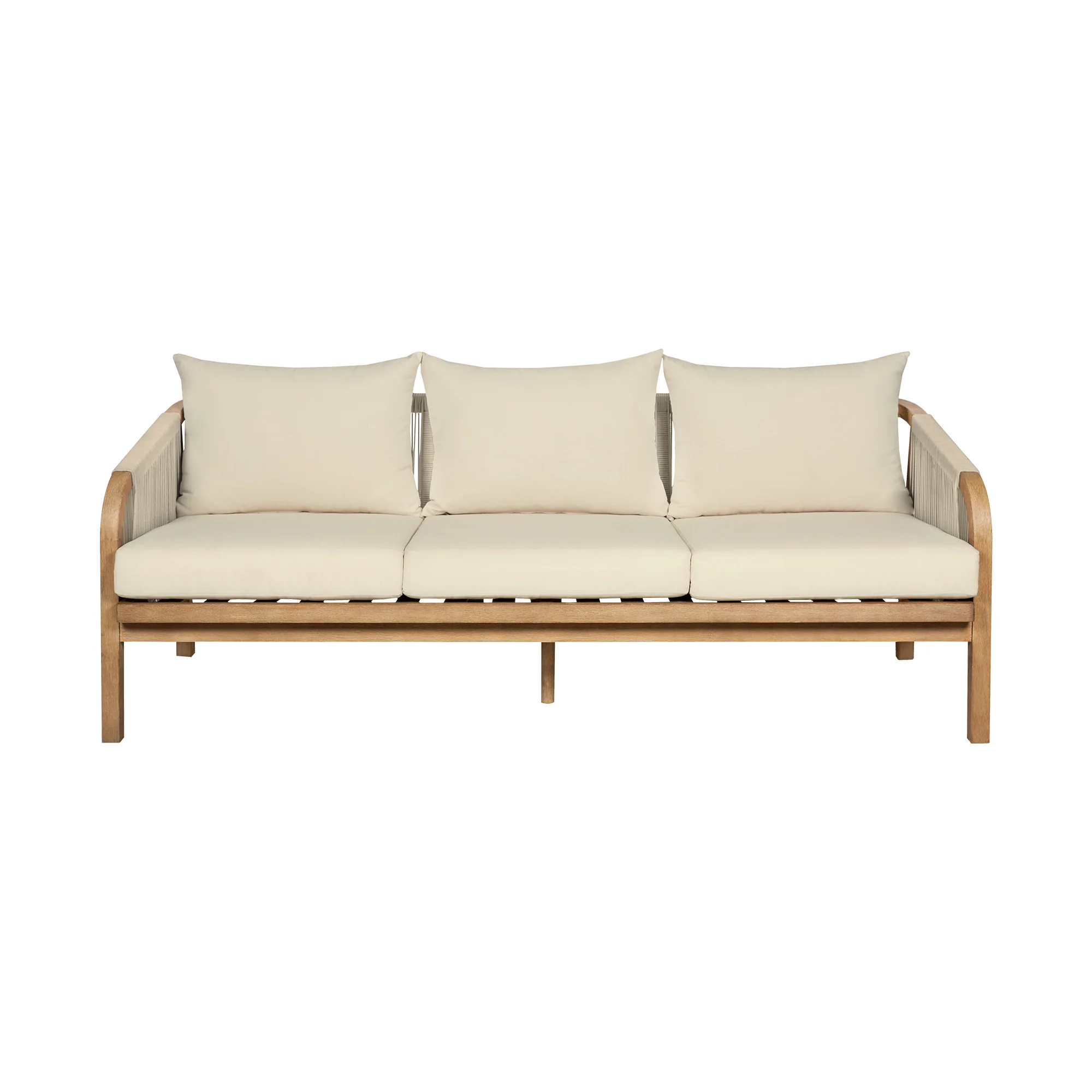 Cypress Outdoor Patio Sofa in Blonde Eucalyptus Wood and Light Gray Rope with Ivory Olefin Cushions By Armen Living - Image 3