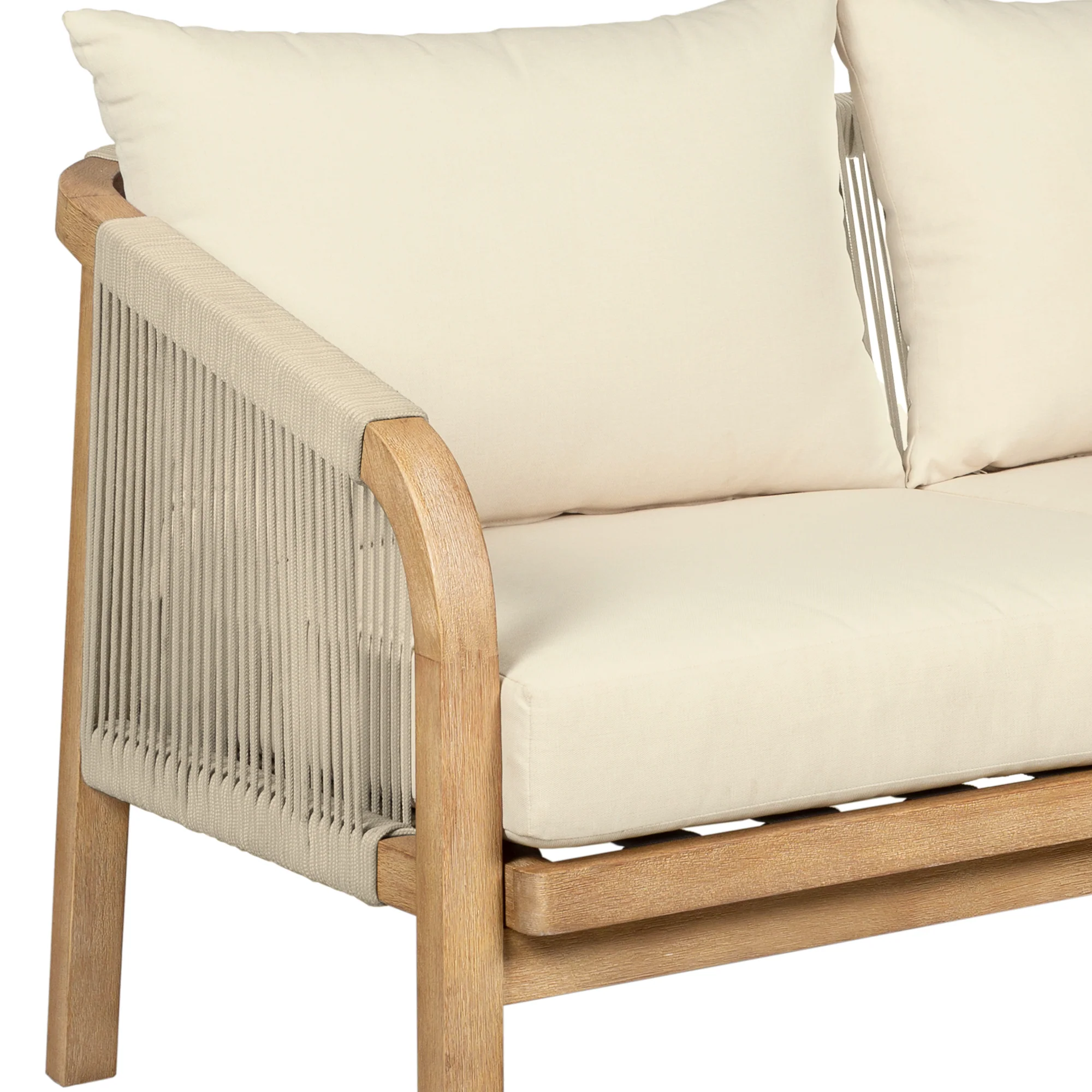Cypress Outdoor Patio Sofa in Blonde Eucalyptus Wood and Light Gray Rope with Ivory Olefin Cushions By Armen Living - Image 7