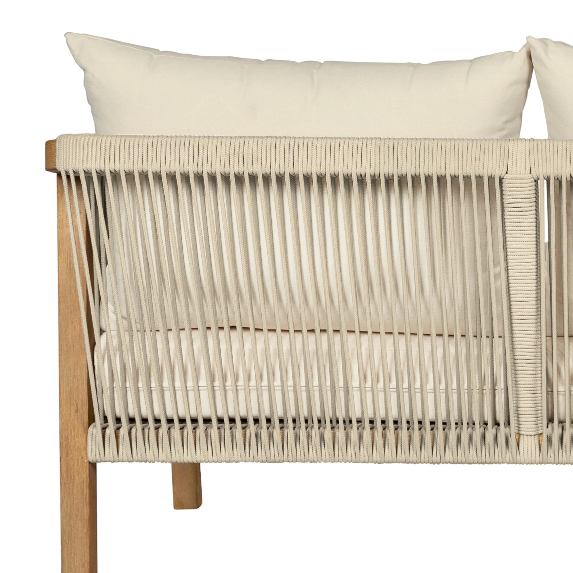 Cypress Outdoor Patio Sofa in Blonde Eucalyptus Wood and Light Gray Rope with Ivory Olefin Cushions By Armen Living - Image 8