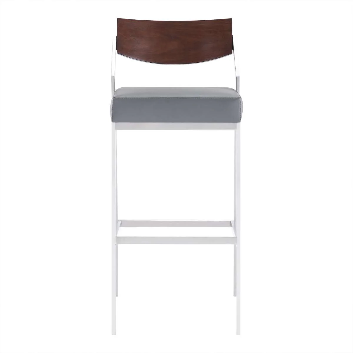 Dakota Mid-Century 30" Counter Height Barstool in Brushed Stainless Steel with Gray Faux Leather and Walnut Wood Finish Back By Armen Living - Image 2