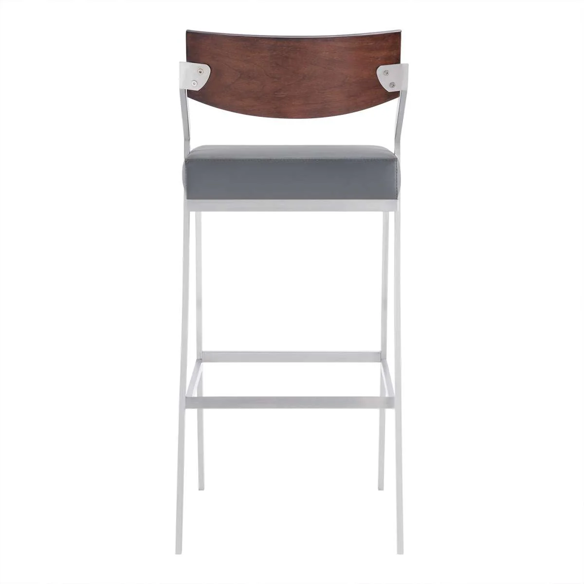 Dakota Mid-Century 30" Counter Height Barstool in Brushed Stainless Steel with Gray Faux Leather and Walnut Wood Finish Back By Armen Living - Image 3