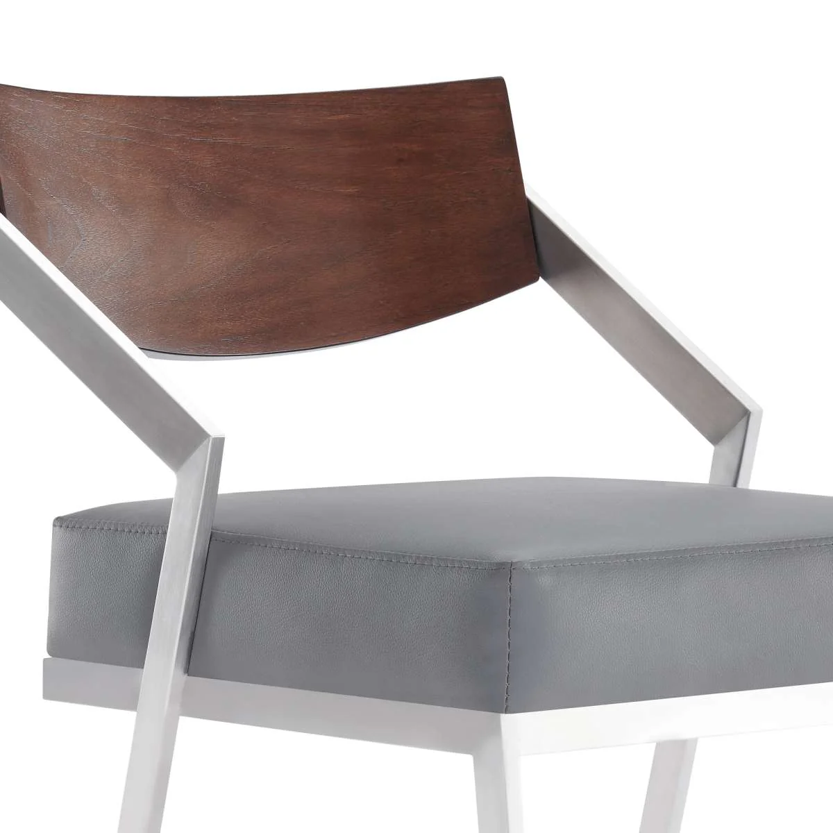Dakota Mid-Century 30" Counter Height Barstool in Brushed Stainless Steel with Gray Faux Leather and Walnut Wood Finish Back By Armen Living - Image 4