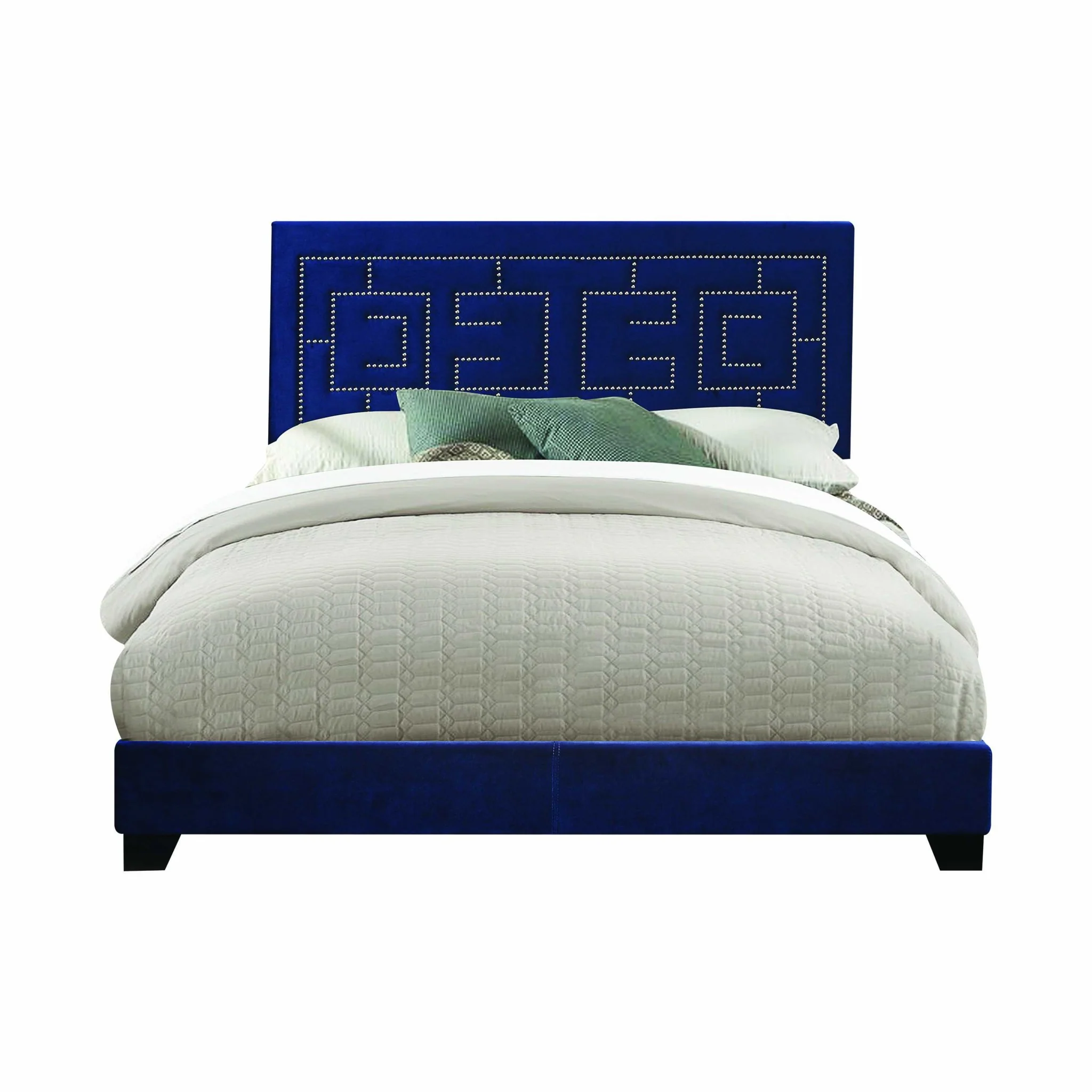 Dark Blue Velvet Upholstered Bed Wood Leg Queen Bed By Homeroots - Image 2