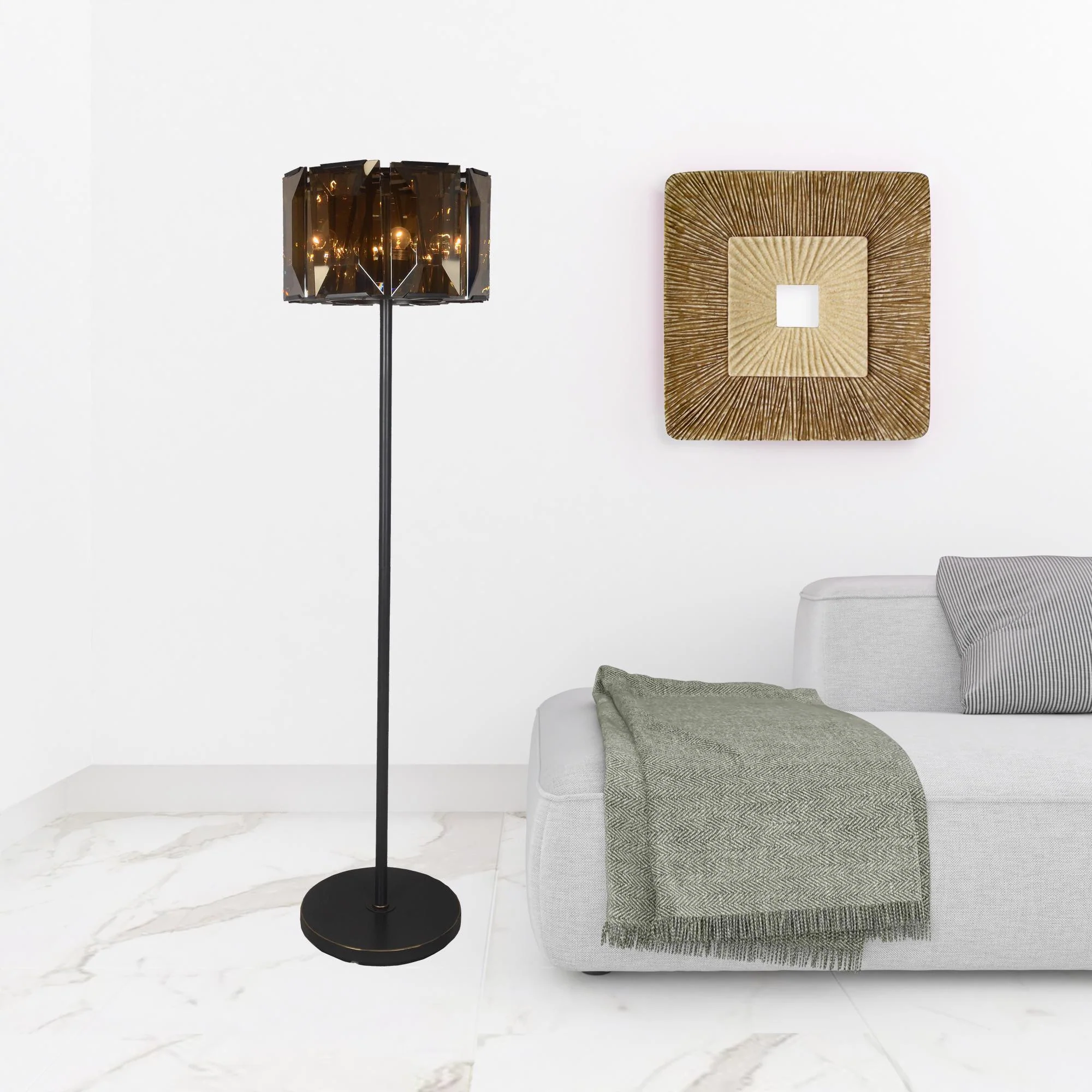 Dark Bronze Floor Lamp With Amber Solid Color Beveled Glass Drum Shade By Homeroots - Image 2