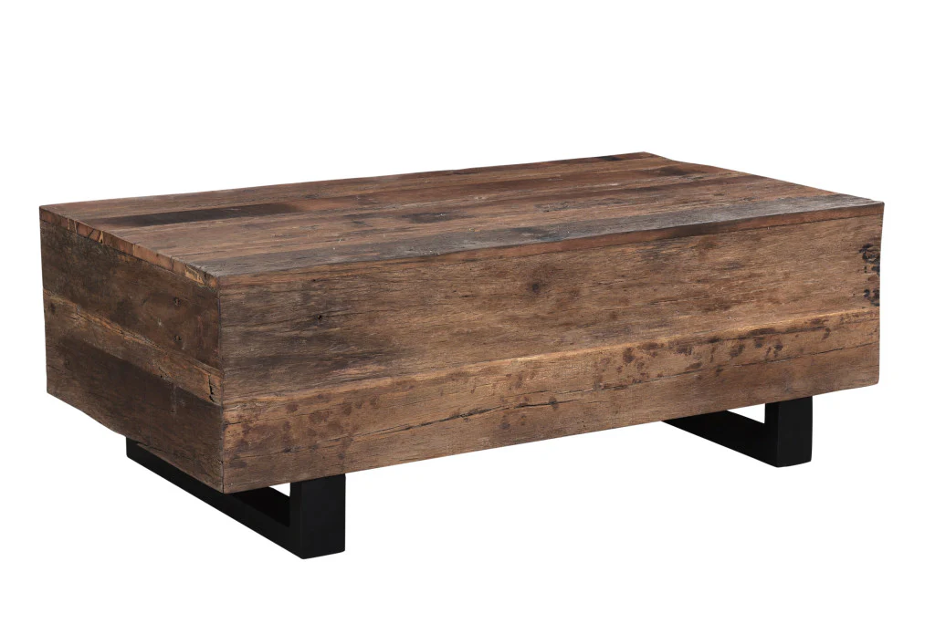Dark Brown and Black Solid Wood And Metal Distressed Sled Coffee Table By Homeroots - Image 3