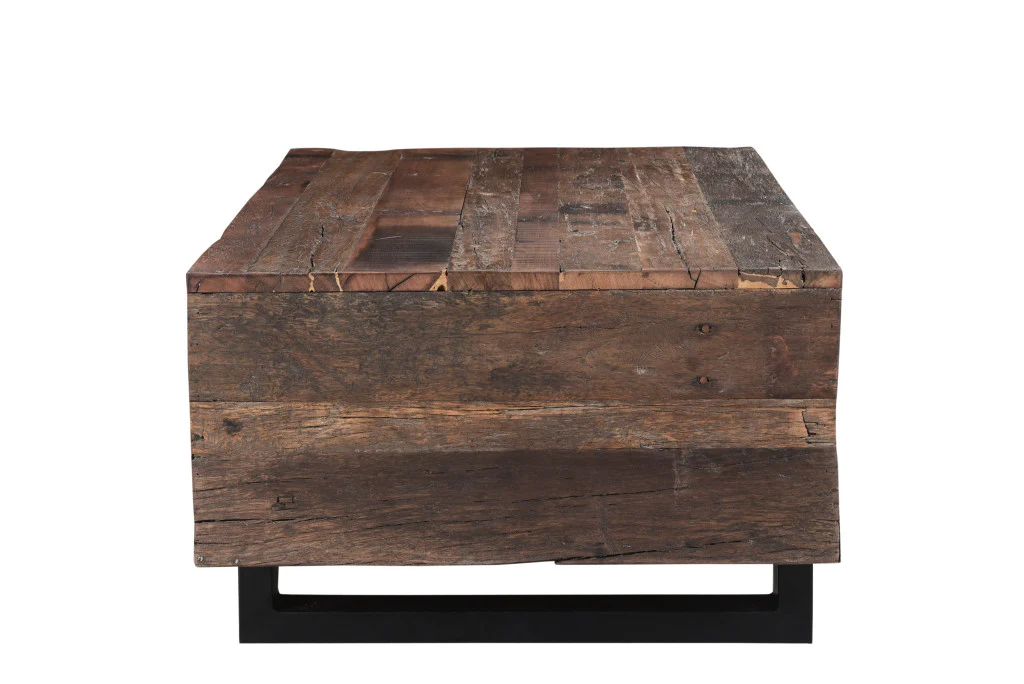Dark Brown and Black Solid Wood And Metal Distressed Sled Coffee Table By Homeroots - Image 4