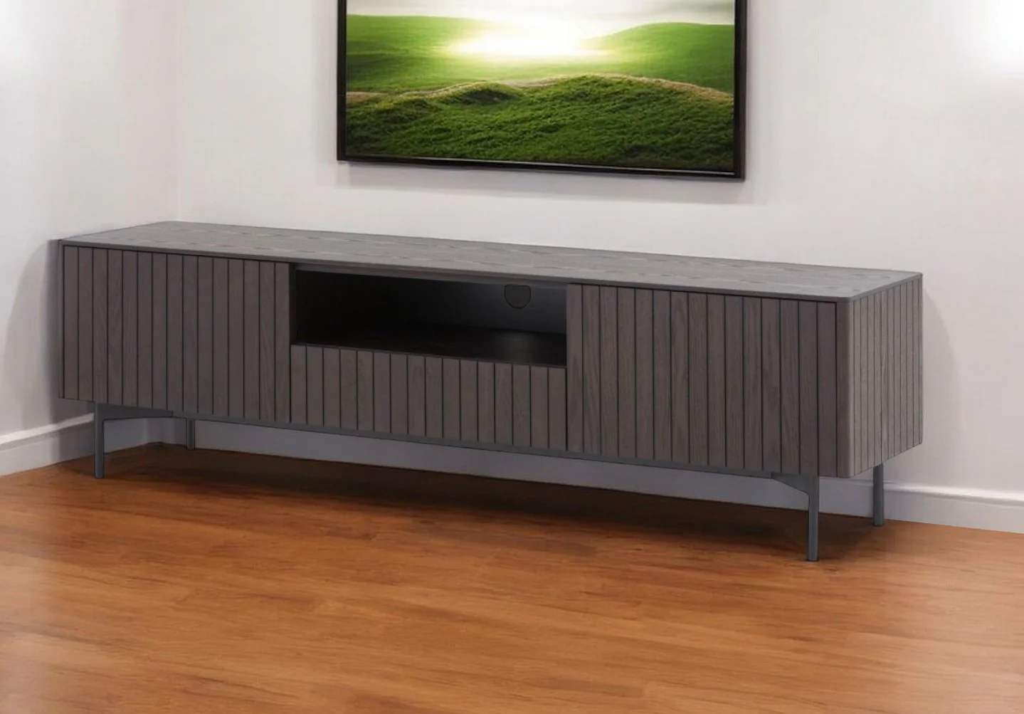 Dark Brown And Black Wood And Metal Open and Enclosed Storage TV Stand By Homeroots - Image 2