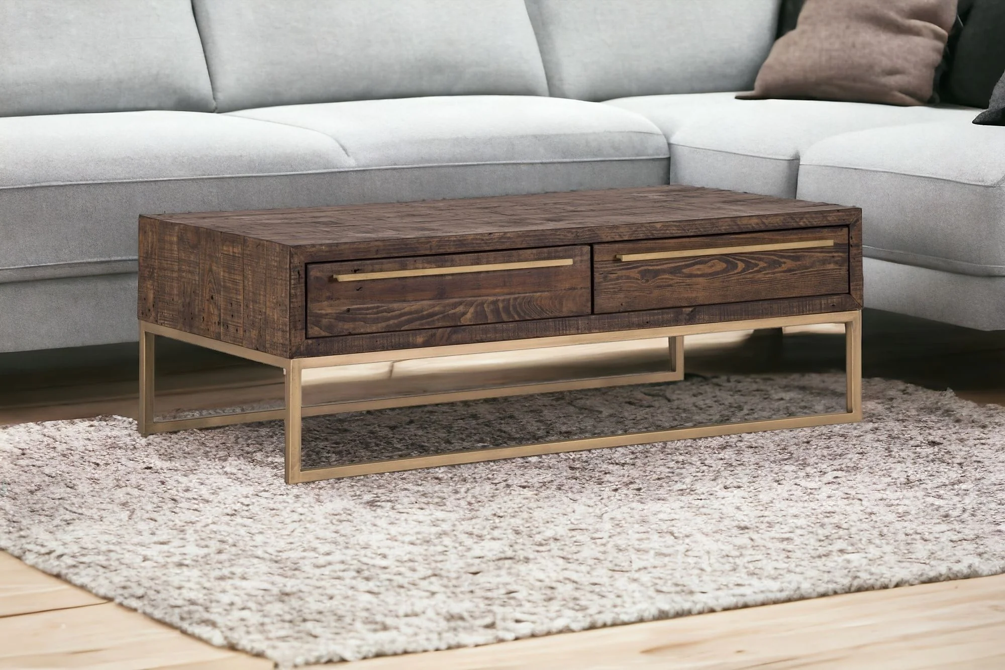 Dark Brown And Gold Metal Coffee Table With Drawer By Homeroots - Image 2