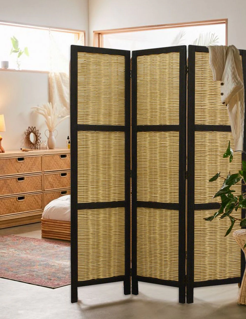 Dark Brown and Natural Willow 3 Panel Room Divider Screen By Homeroots - Image 4