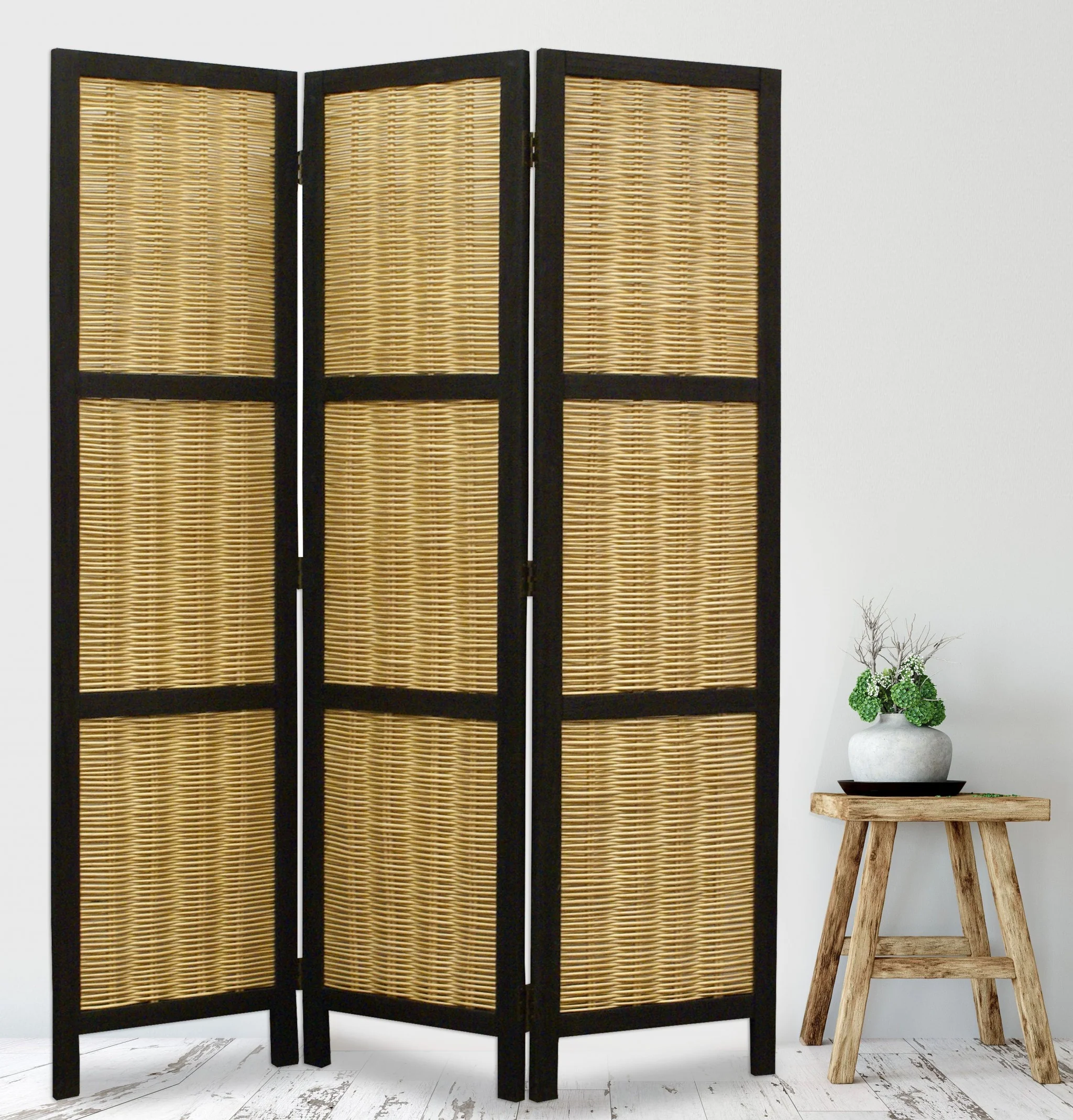 Dark Brown and Natural Willow 3 Panel Room Divider Screen By Homeroots - Image 5