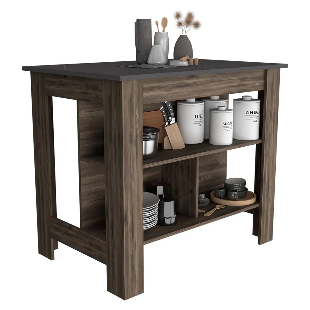 Dark Brown and Onyx Kitchen Island with Three Storage Shelves By Homeroots - Image 3
