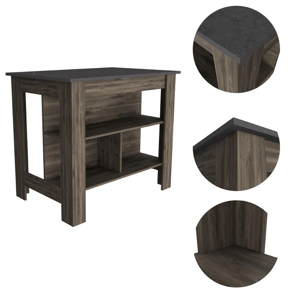 Dark Brown and Onyx Kitchen Island with Three Storage Shelves By Homeroots - Image 5