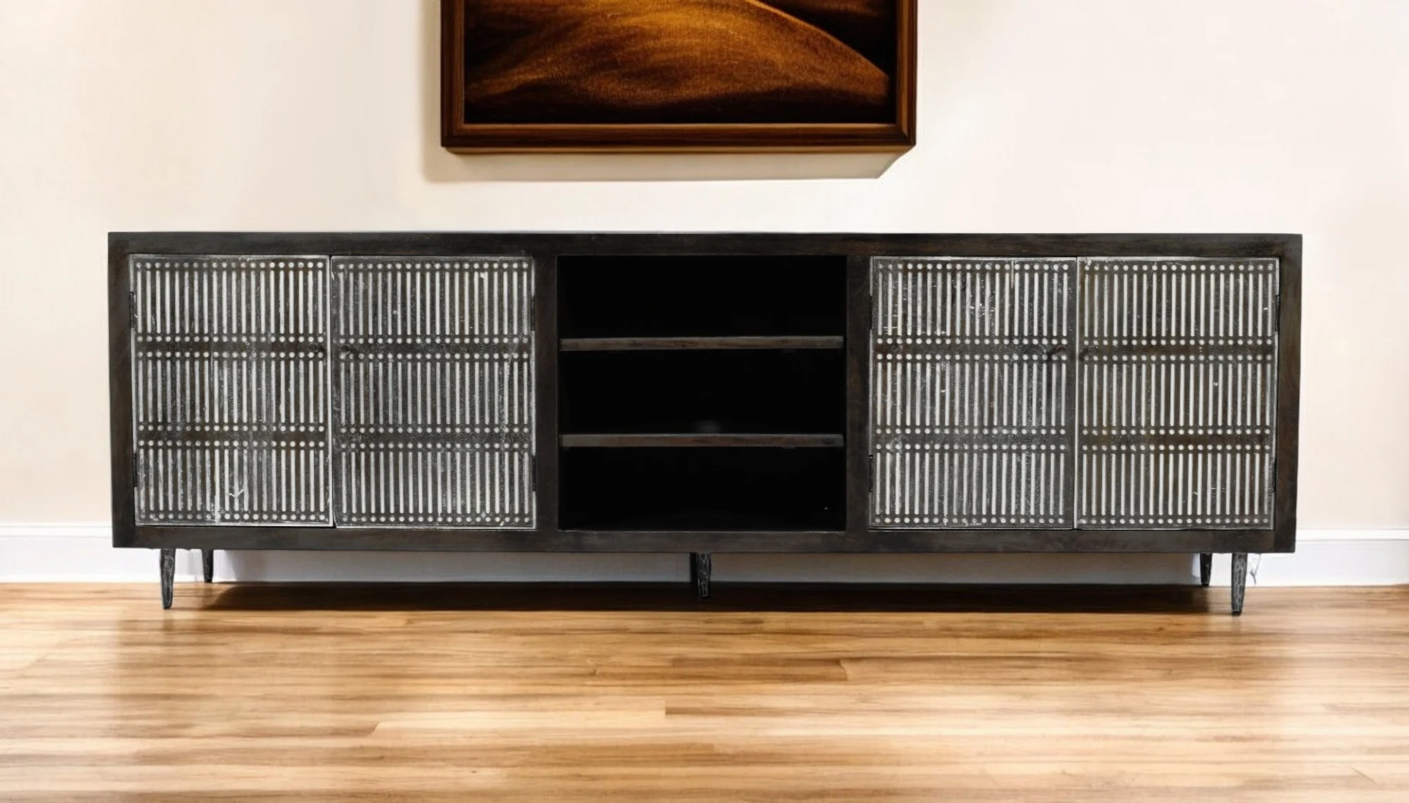 Dark Brown Carved Geometric Distressed Solid Wood Enclosed and Open Storage TV Stand By Homeroots - Image 2
