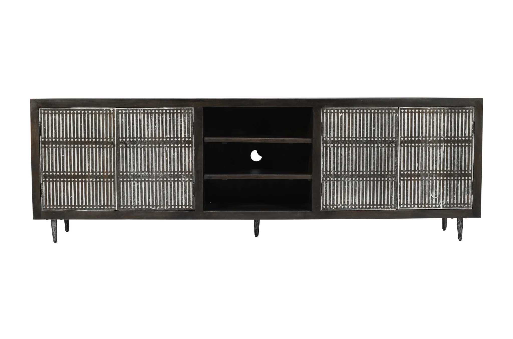 Dark Brown Carved Geometric Distressed Solid Wood Enclosed and Open Storage TV Stand By Homeroots - Image 3