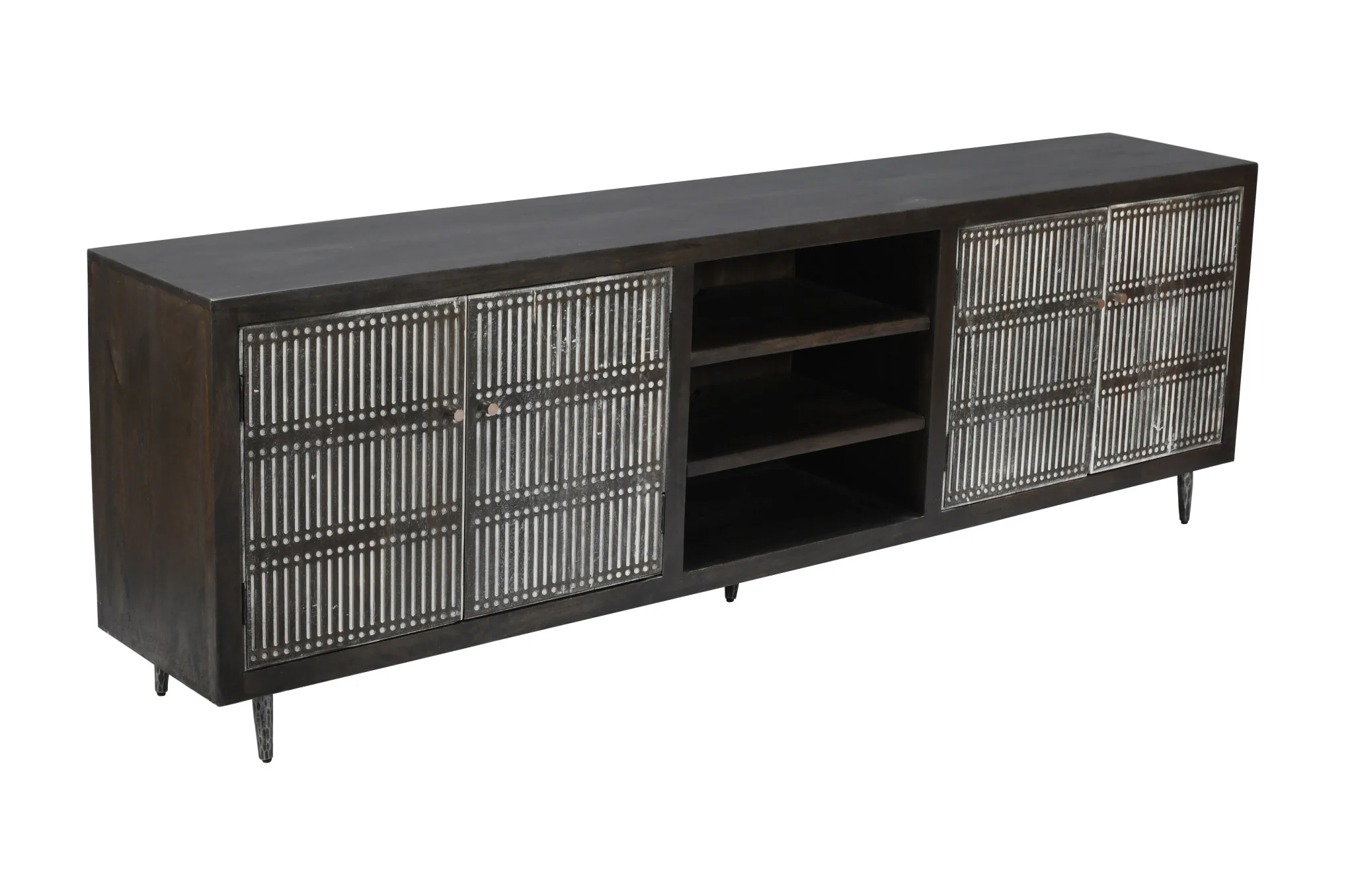 Dark Brown Carved Geometric Distressed Solid Wood Enclosed and Open Storage TV Stand By Homeroots - Image 4