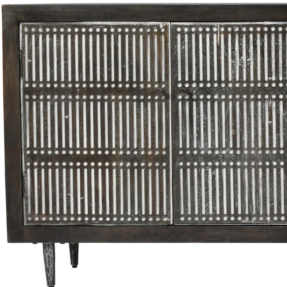 Dark Brown Carved Geometric Distressed Solid Wood Enclosed and Open Storage TV Stand By Homeroots - Image 8
