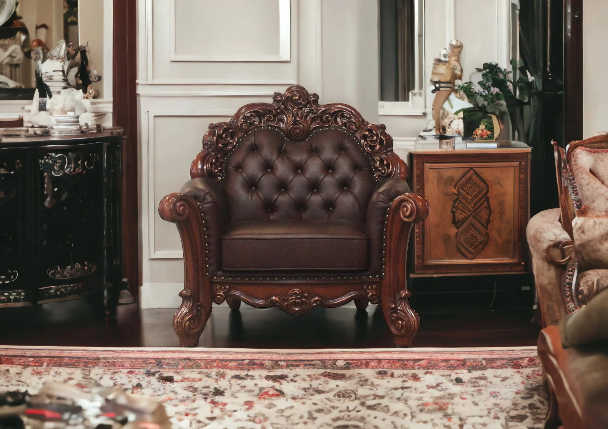 Dark Brown Faux Leather Tufted Chesterfield Chair And Toss Pillow By Homeroots - Image 5