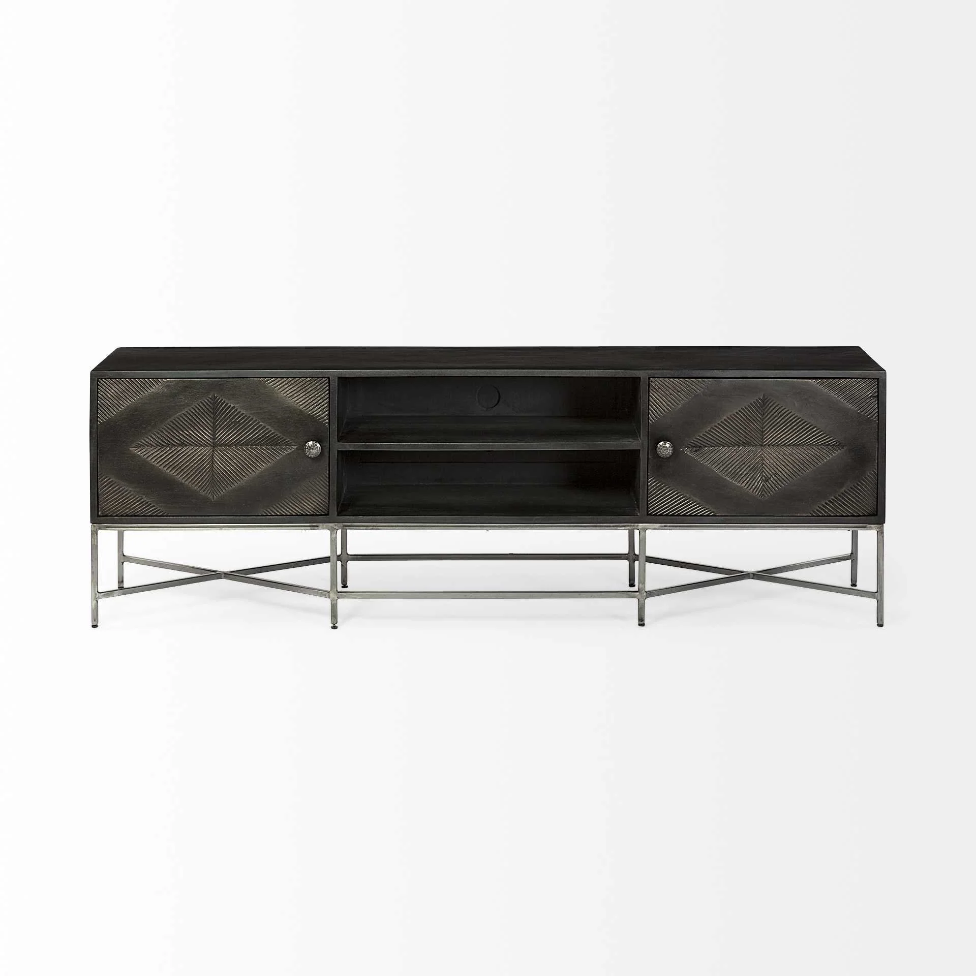 Dark Brown Solid Mango Wood Finish TV Stand Media Console With 2 Doors And 2 Open Shelves By Homeroots - Image 2
