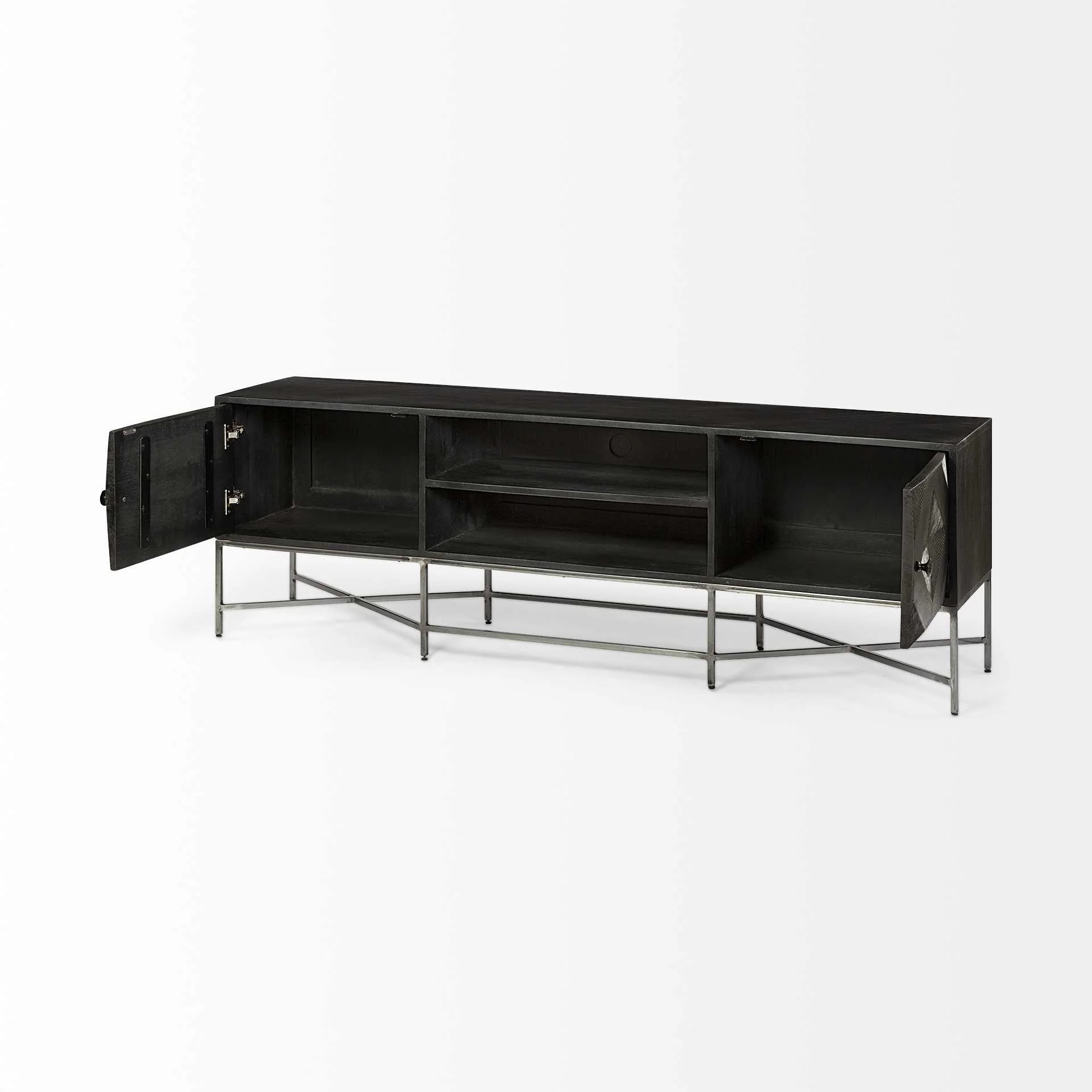 Dark Brown Solid Mango Wood Finish TV Stand Media Console With 2 Doors And 2 Open Shelves By Homeroots - Image 5
