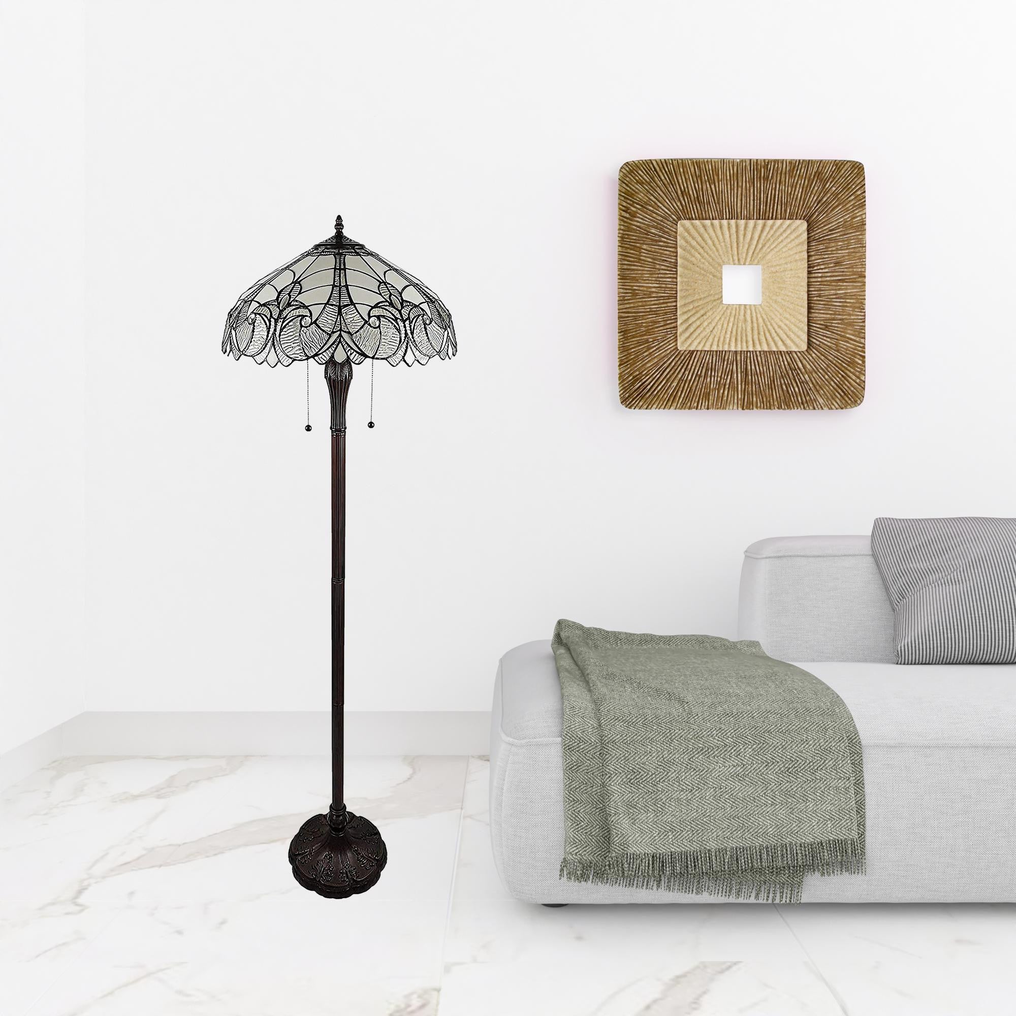 Dark Brown Two Light Torchiere Floor Lamp With White Fleur de Lis Glass Dome Shade By Homeroots - Image 2