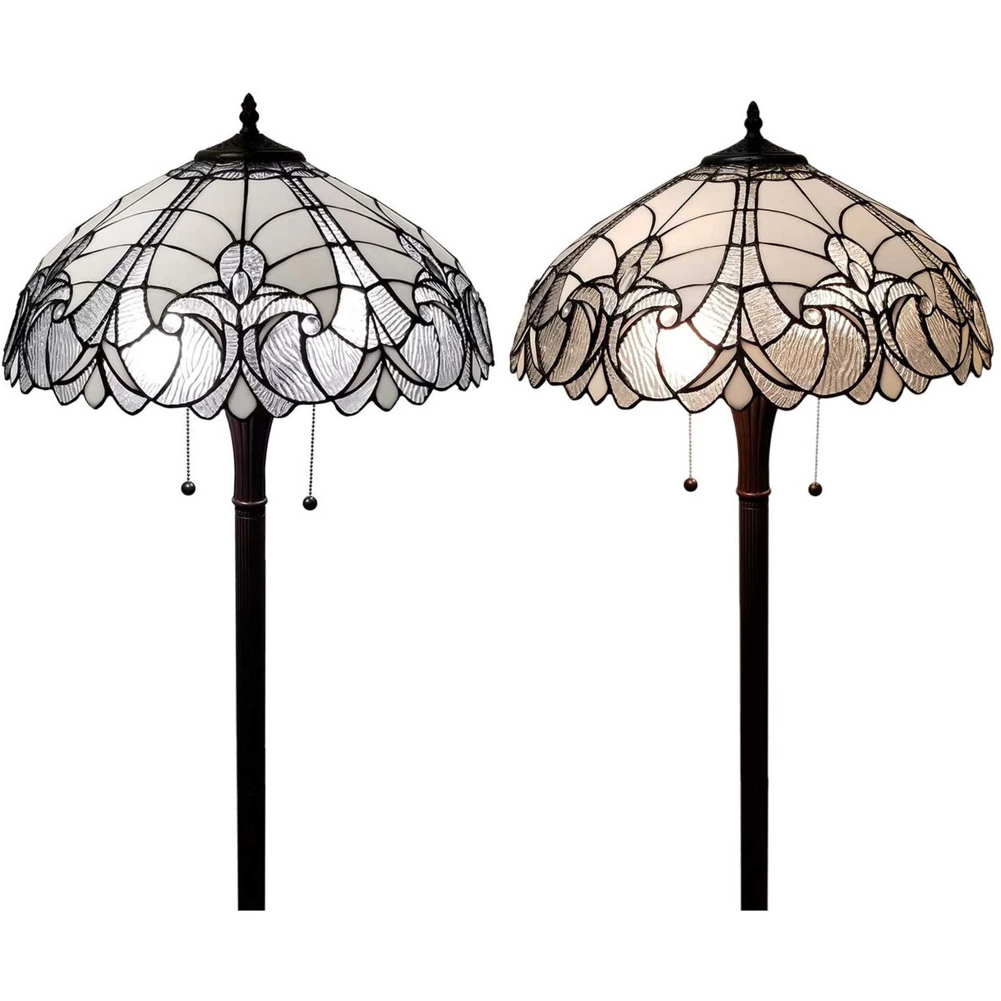 Dark Brown Two Light Torchiere Floor Lamp With White Fleur de Lis Glass Dome Shade By Homeroots - Image 3