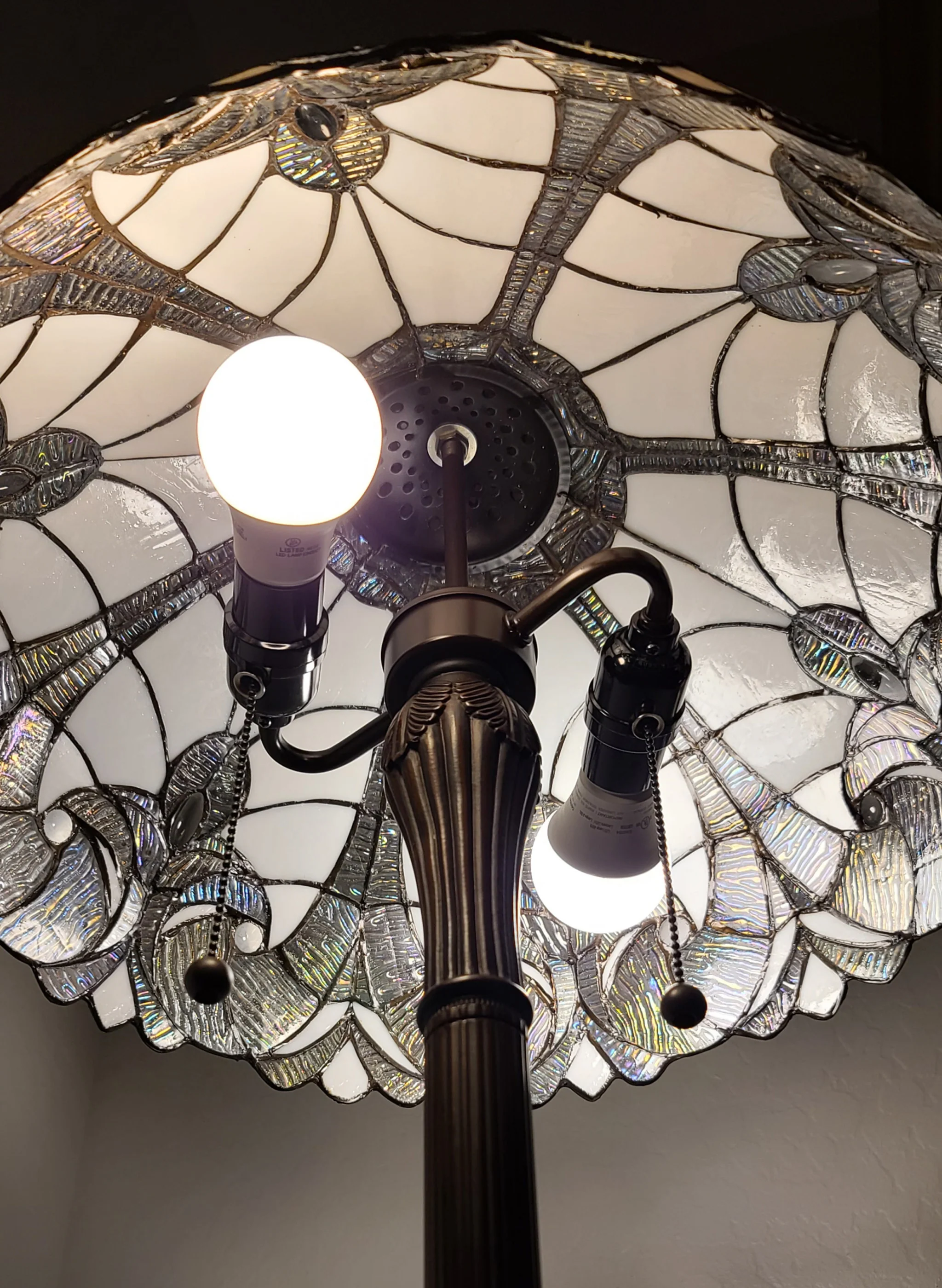 Dark Brown Two Light Torchiere Floor Lamp With White Fleur de Lis Glass Dome Shade By Homeroots - Image 7