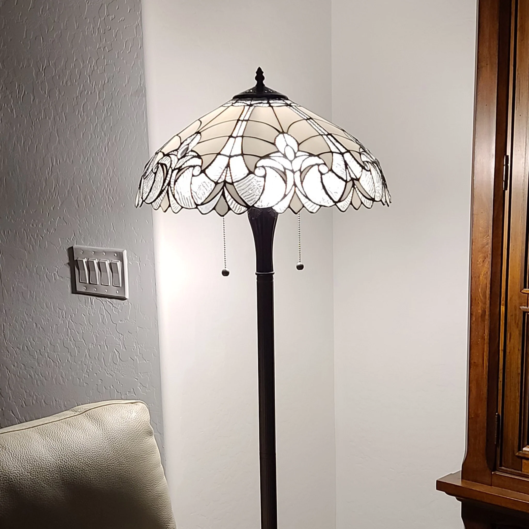 Dark Brown Two Light Torchiere Floor Lamp With White Fleur de Lis Glass Dome Shade By Homeroots - Image 8