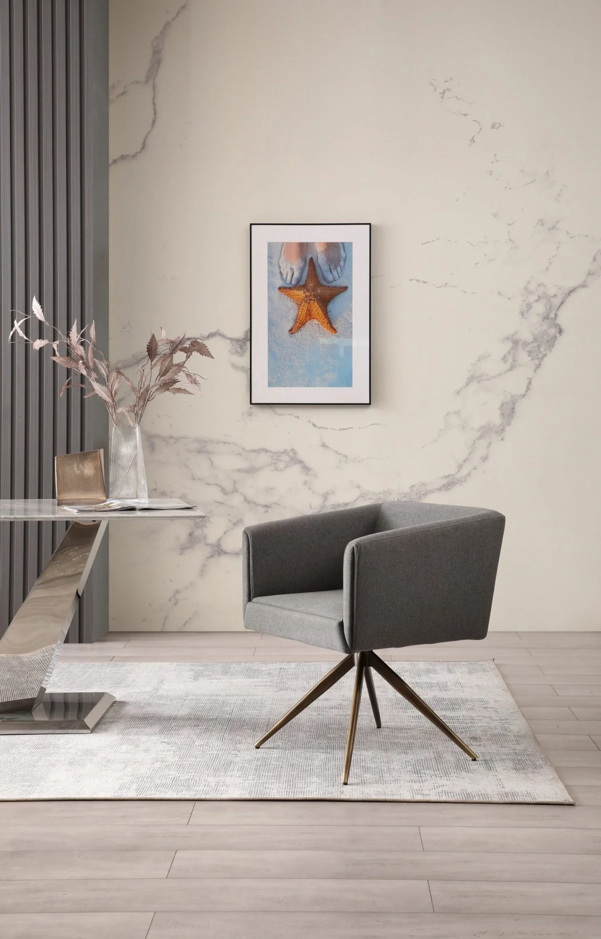 Dark Gray And Brass Upholstered Fabric Dining Arm Chair By Homeroots - Image 7