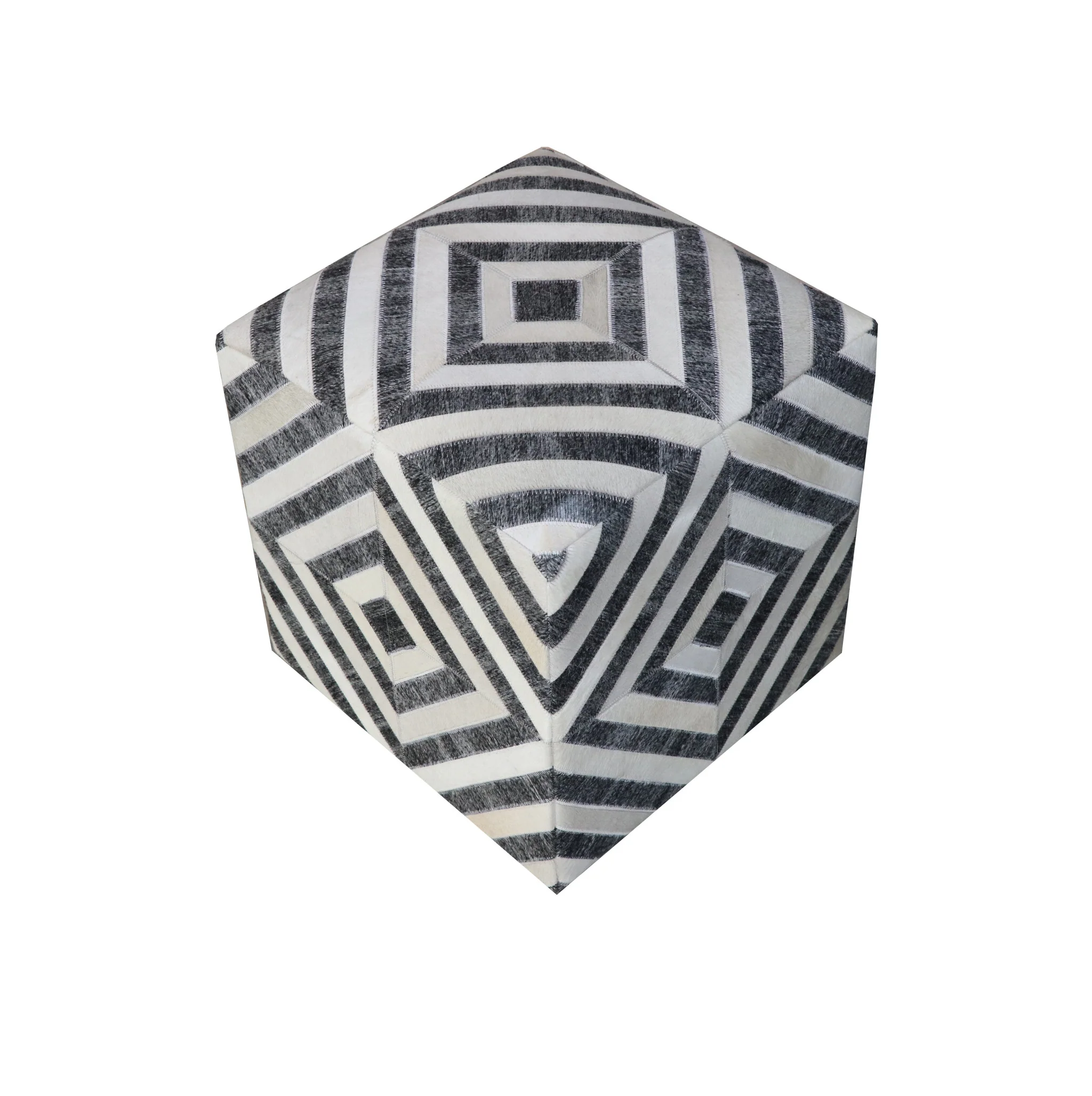 Dark Gray and Ivory Hair on Hide Cube Geometric Pouf Ottoman By Homeroots - Image 2