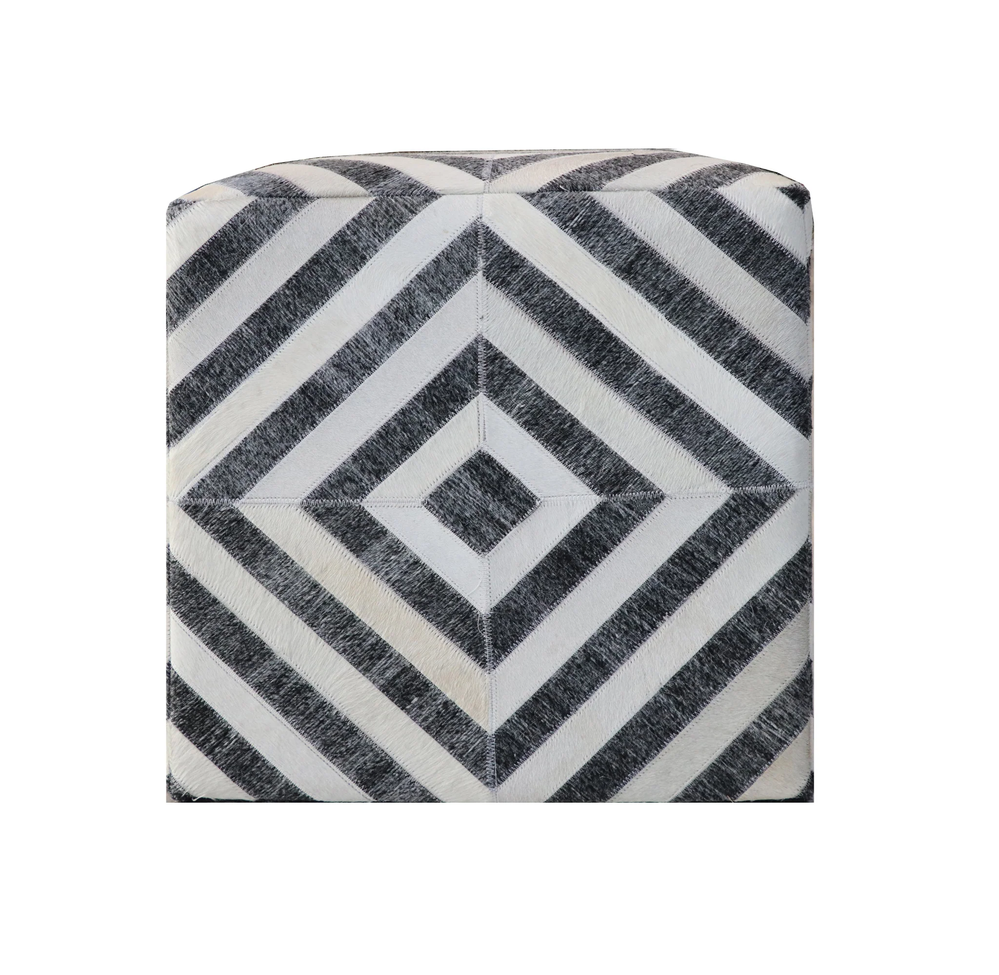 Dark Gray and Ivory Hair on Hide Cube Geometric Pouf Ottoman By Homeroots - Image 3