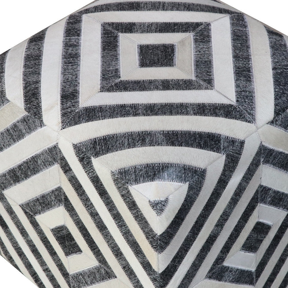 Dark Gray and Ivory Hair on Hide Cube Geometric Pouf Ottoman By Homeroots - Image 5