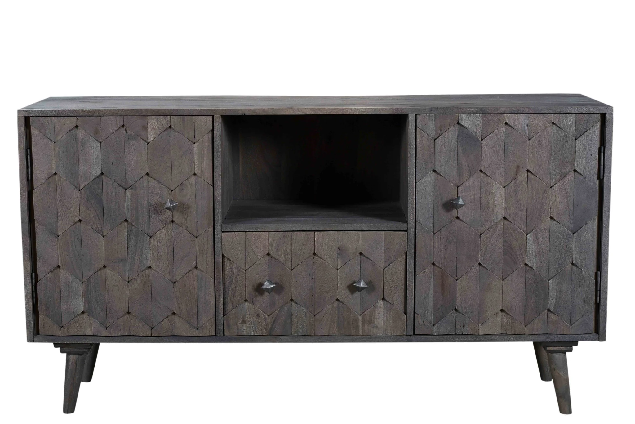 Dark Gray Carved Geometric Distressed Solid Wood Enclosed and Open Storage TV Stand By Homeroots - Image 2
