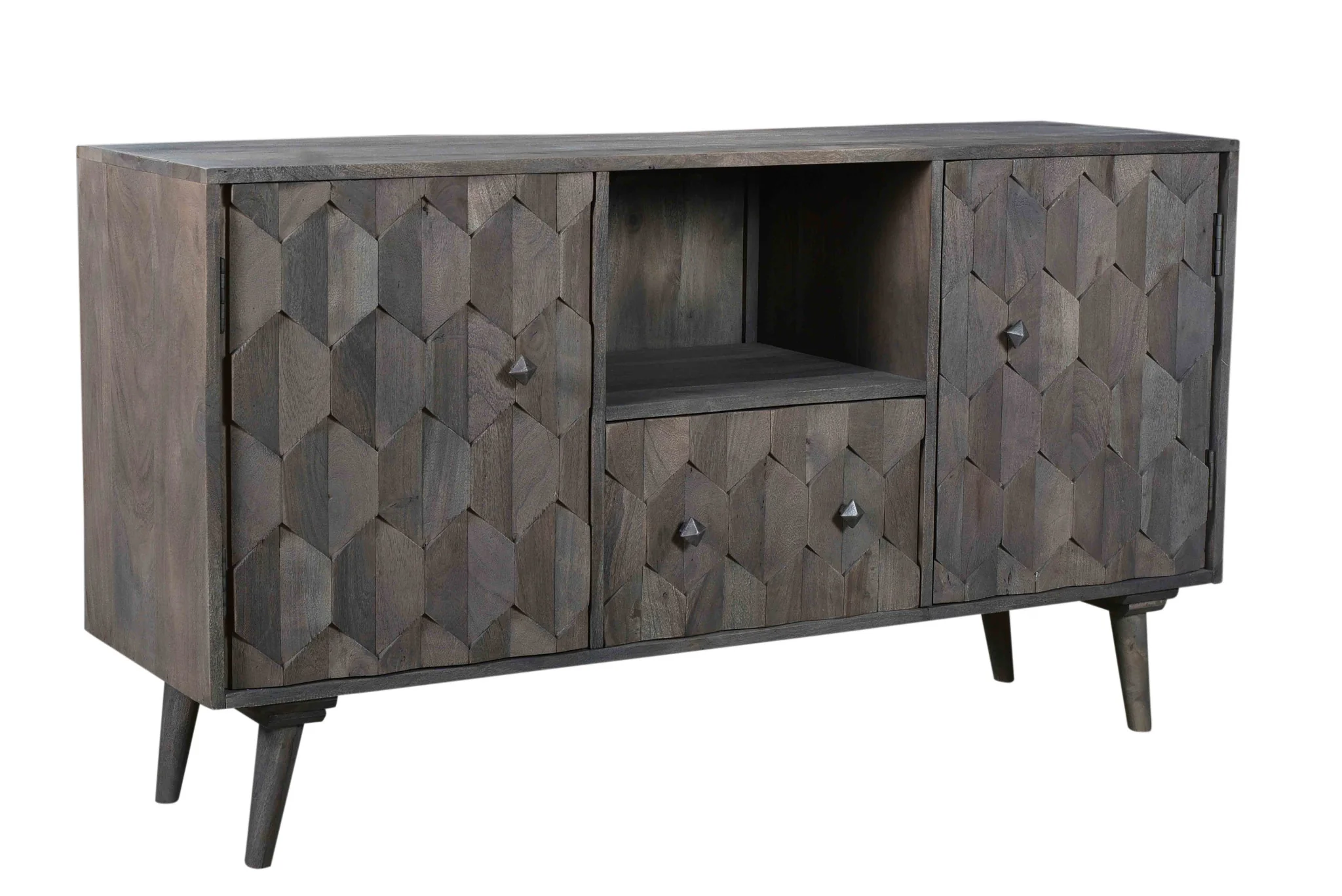 Dark Gray Carved Geometric Distressed Solid Wood Enclosed and Open Storage TV Stand By Homeroots - Image 3