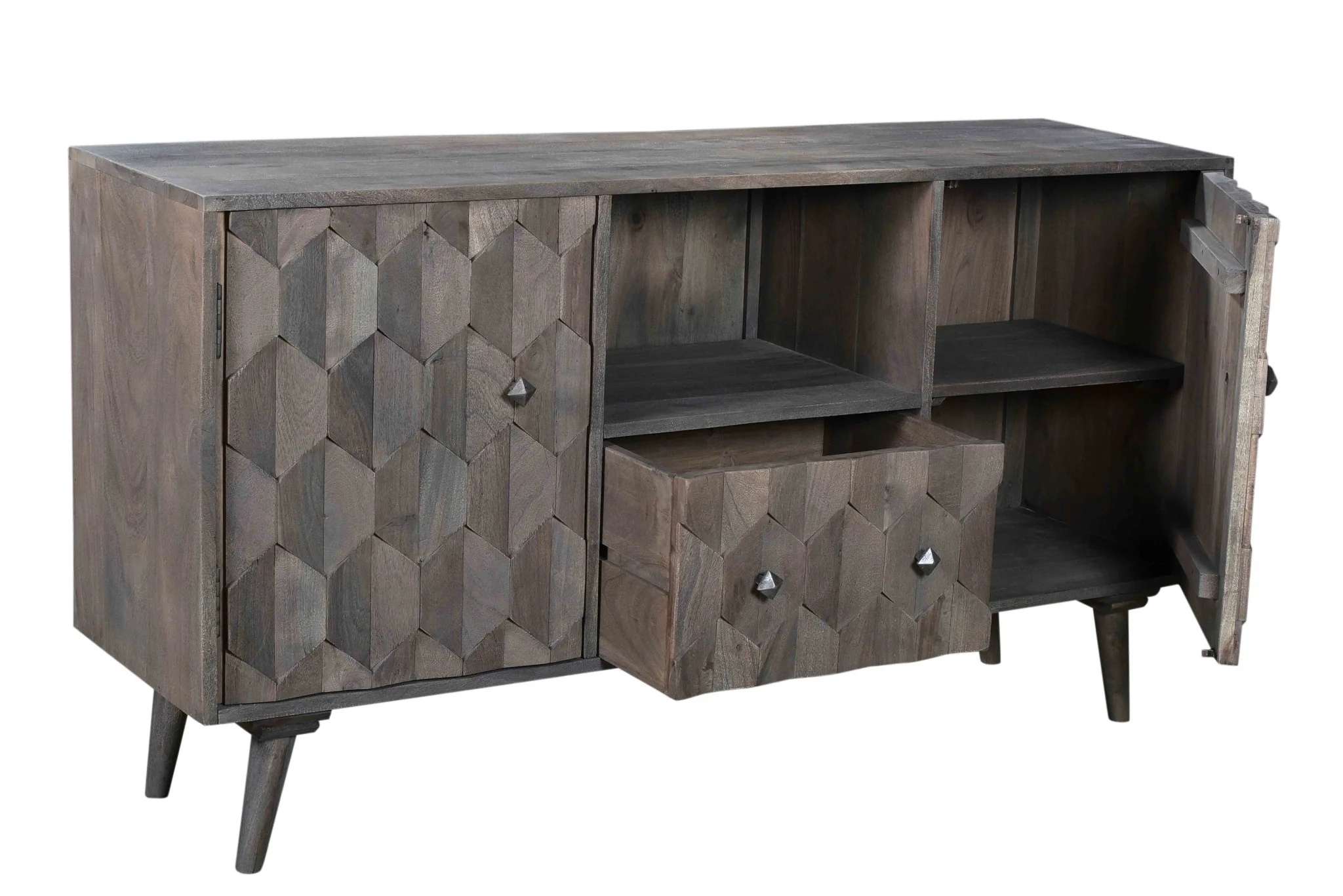Dark Gray Carved Geometric Distressed Solid Wood Enclosed and Open Storage TV Stand By Homeroots - Image 4