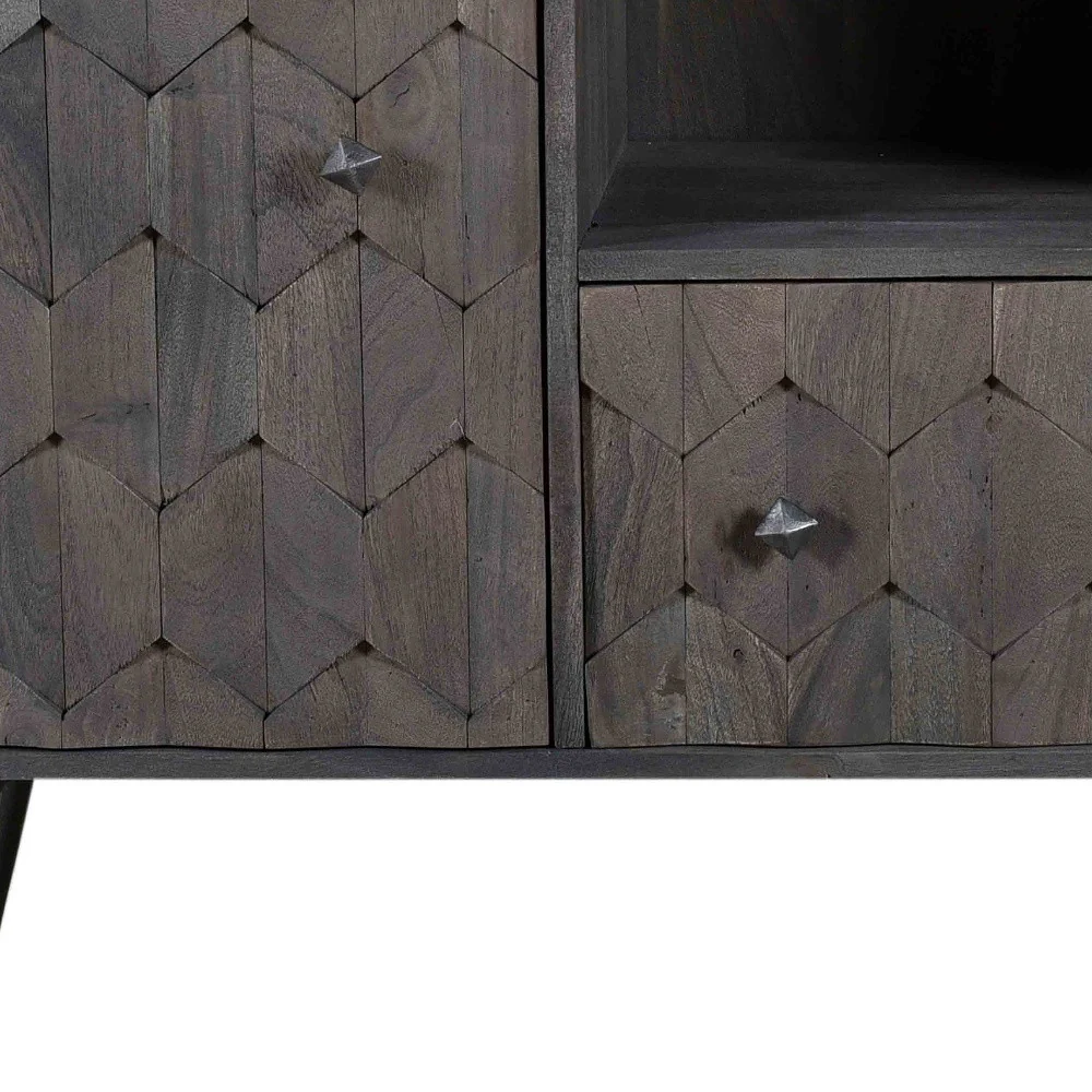 Dark Gray Carved Geometric Distressed Solid Wood Enclosed and Open Storage TV Stand By Homeroots - Image 7