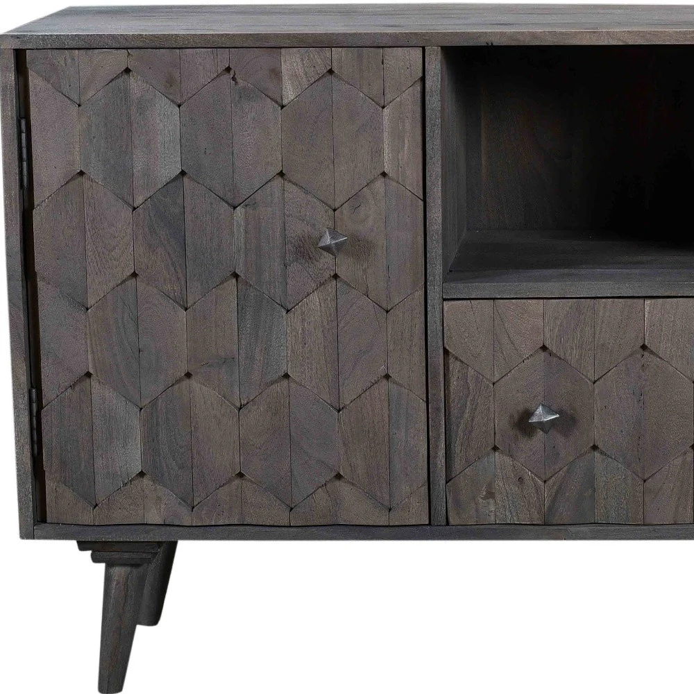 Dark Gray Carved Geometric Distressed Solid Wood Enclosed and Open Storage TV Stand By Homeroots - Image 8