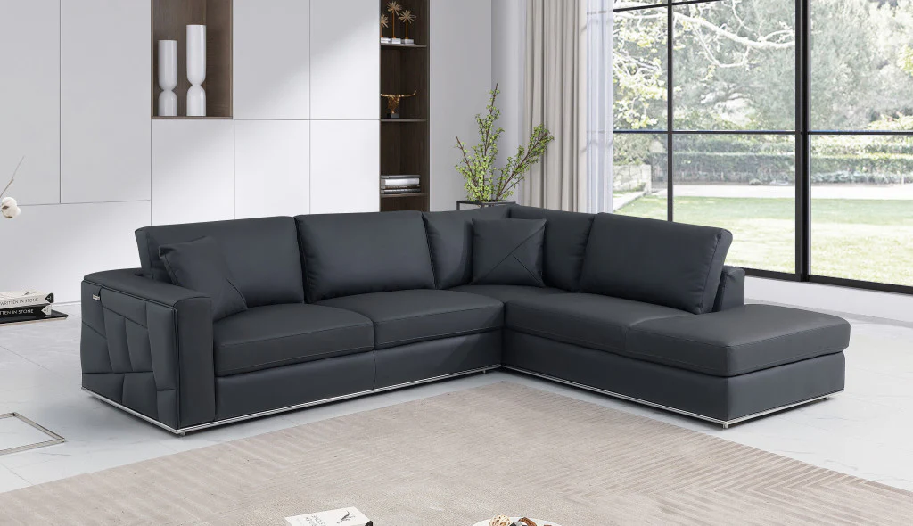 Dark Gray Deco Tufted Italian Leather Modular L Shaped Two Piece Corner Sectional By Homeroots - Image 6