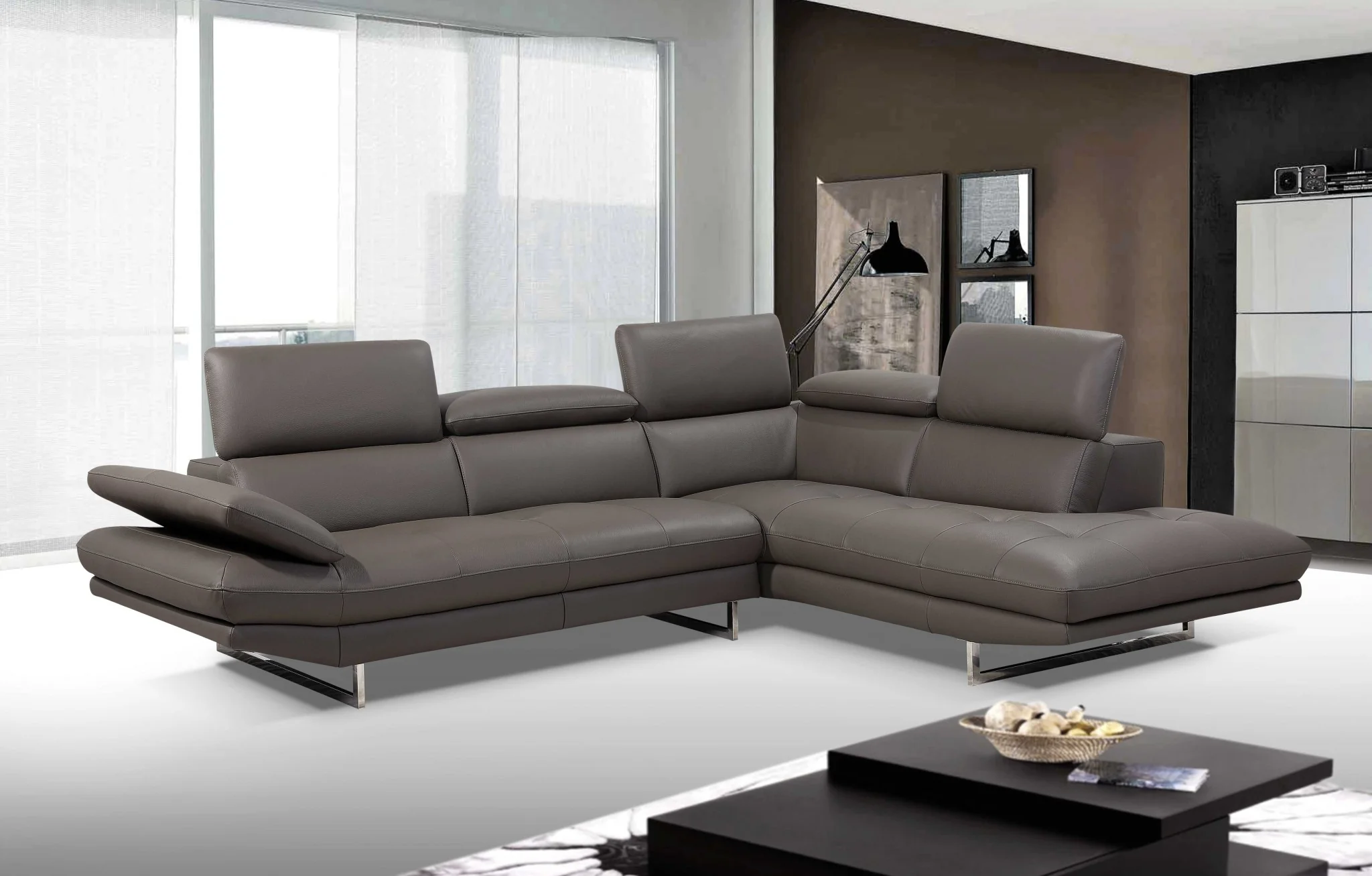 Dark Gray Leather Sectional and Chaise By Homeroots - Image 2