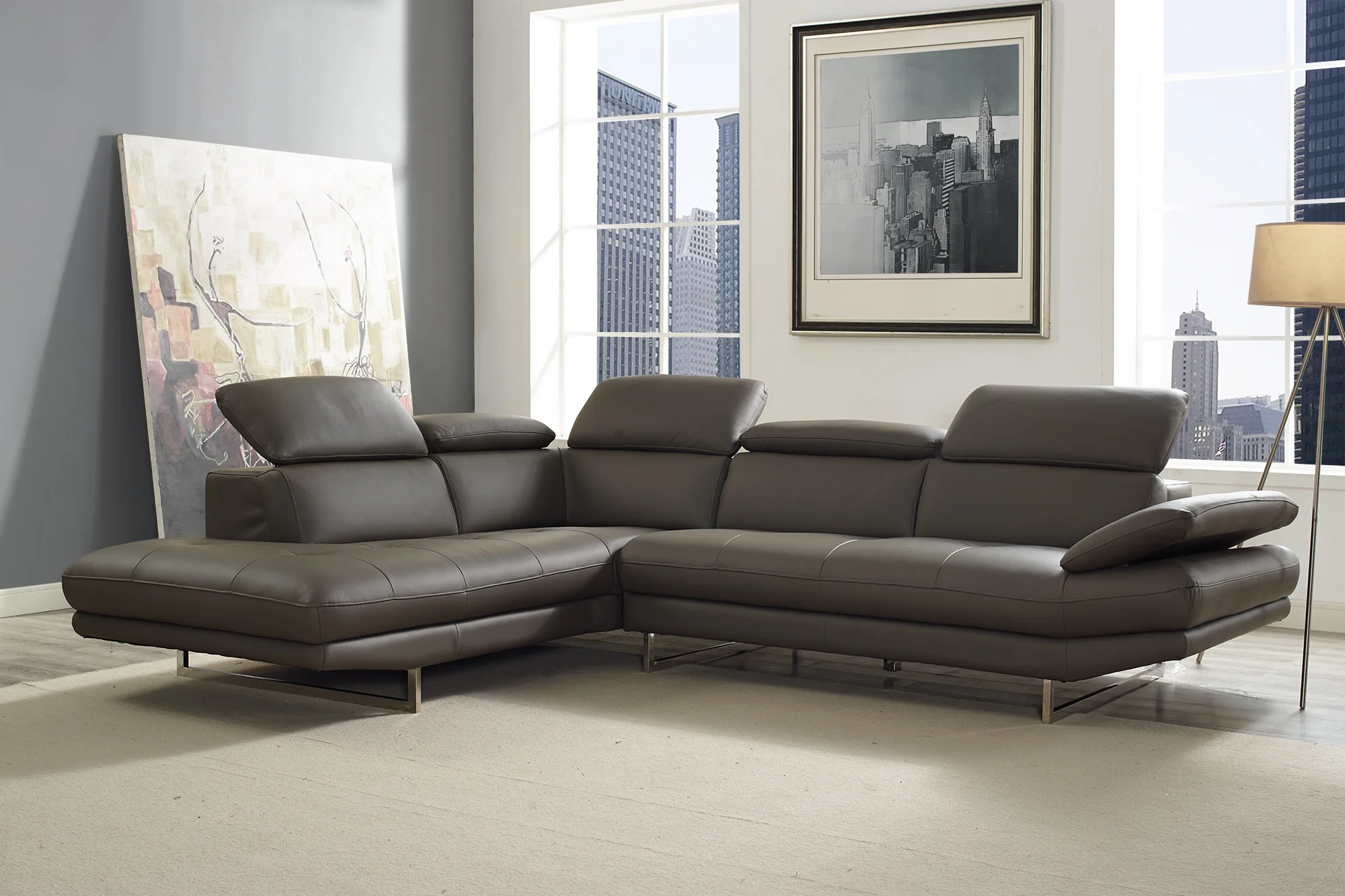 Dark Gray Leather Sectional By Homeroots - Image 4