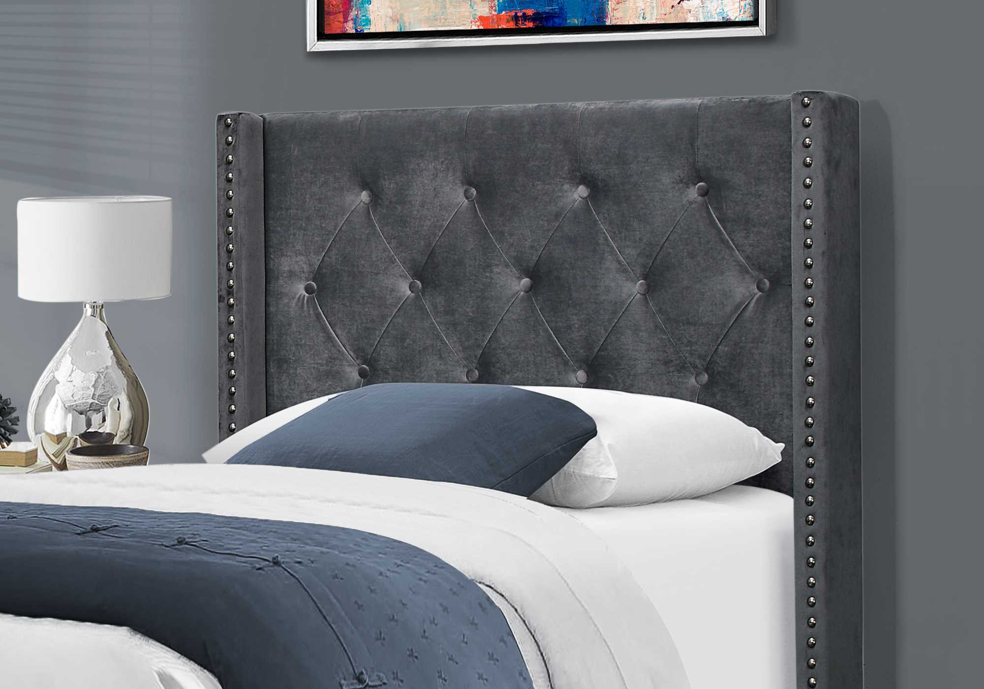 Dark Grey Velvet With Chrome Trim - Twin Size Bed By Homeroots - Image 2