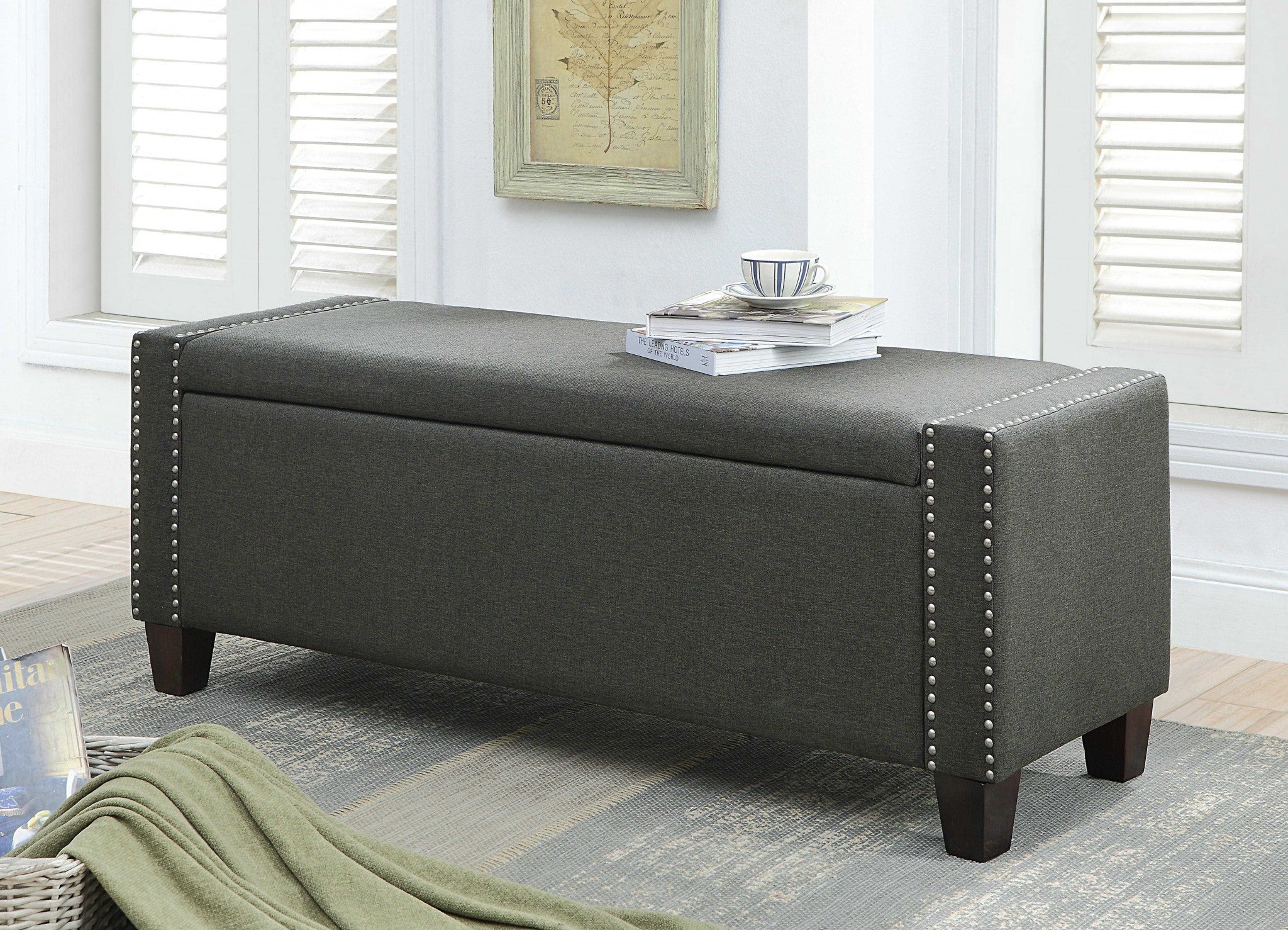 Dark Olive Linen Upholstery Wood Leg Bench wStorage By Homeroots - Image 2